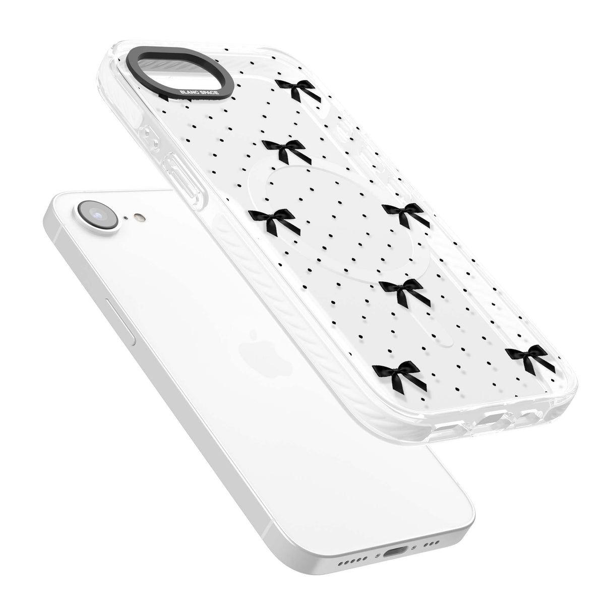 Black Polka Bows coquette iPhone case featuring scattered black satin bows and tiny polka dots on a clear base | Impact Magsafe case for iPhone 16e, iPhone 17e