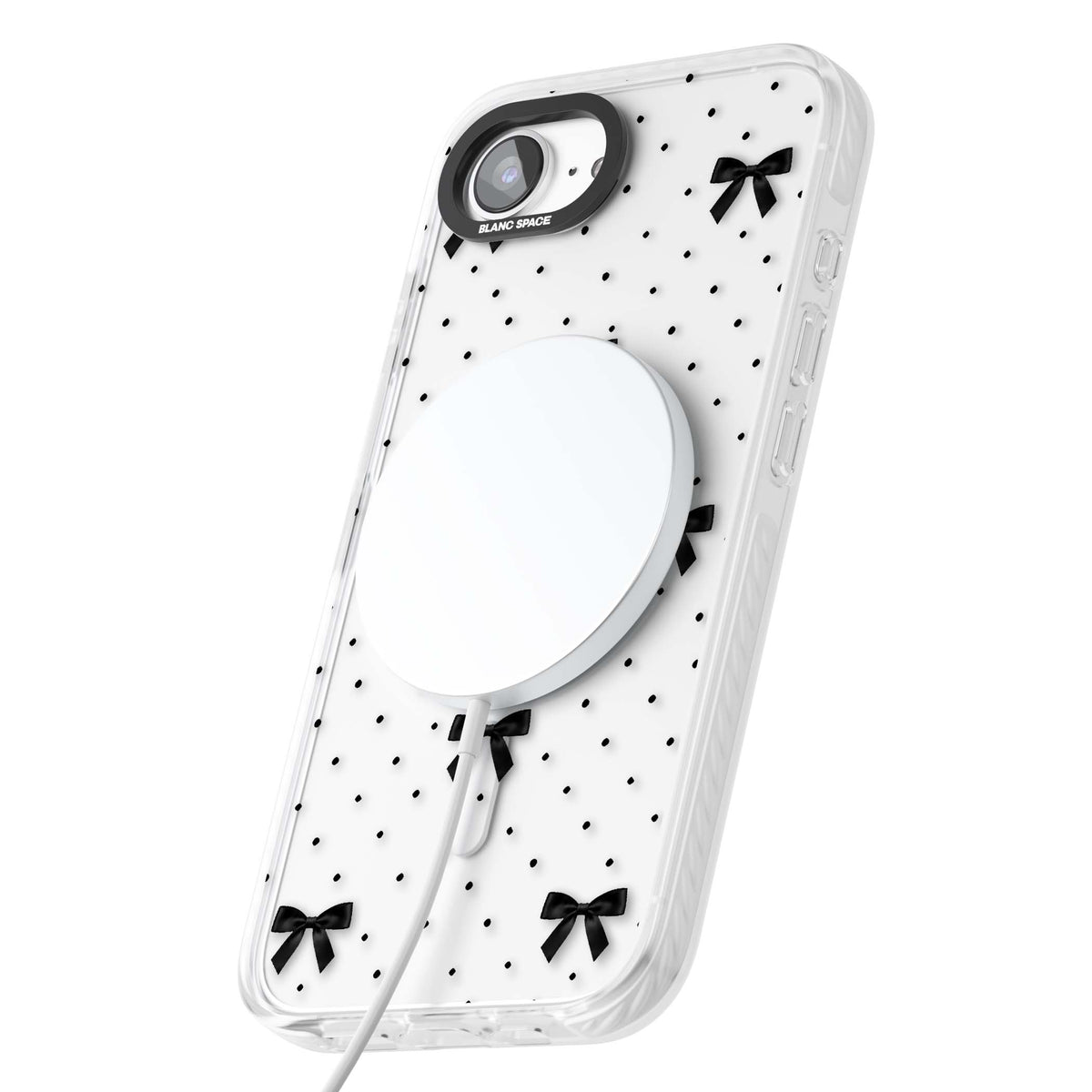Black Polka Bows coquette iPhone case featuring scattered black satin bows and tiny polka dots on a clear base | Impact Magsafe case for iPhone 16e, iPhone 17e