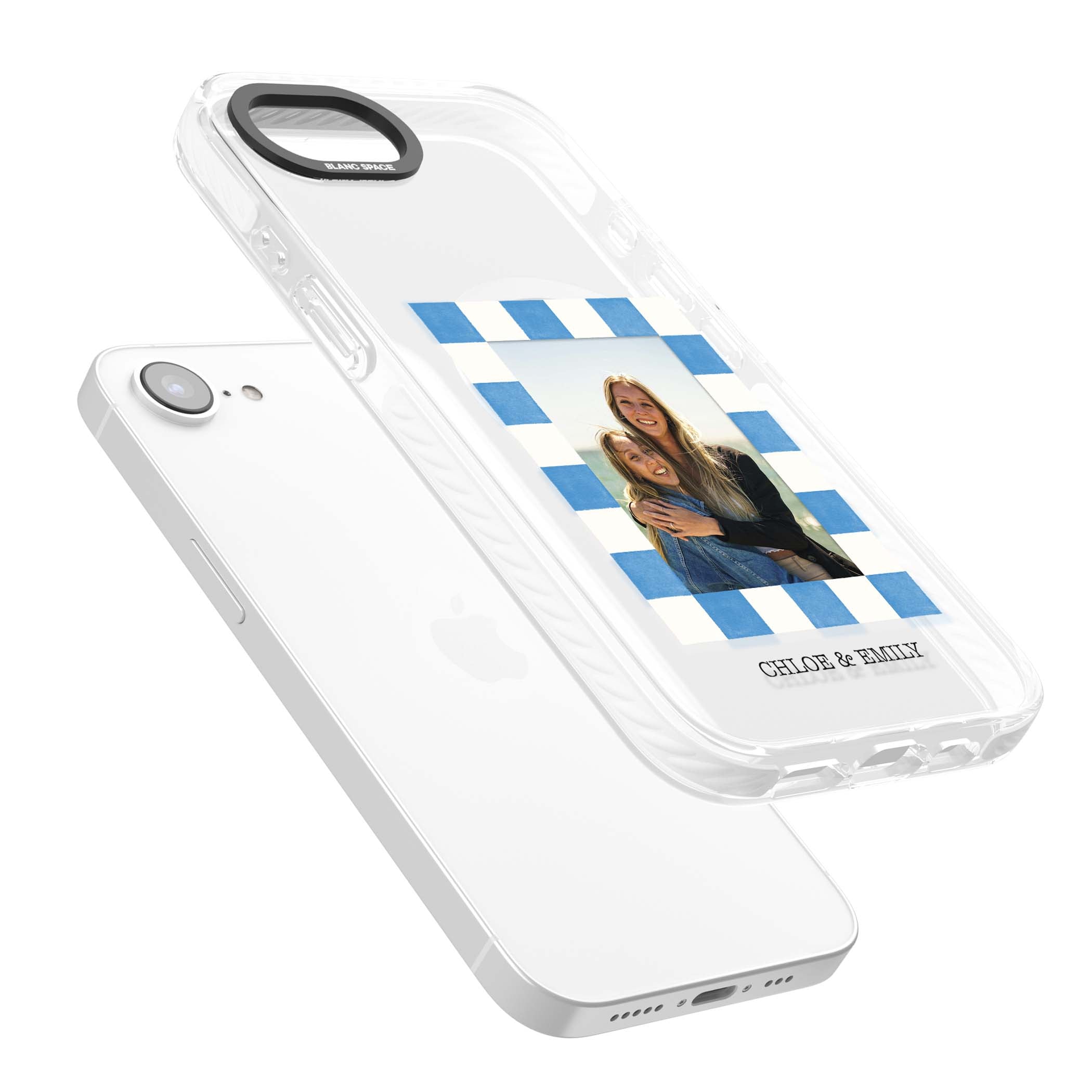 Blue Check Photo personalised photo iPhone case with blue checkered frame and custom couple names | Impact Magsafe case for iPhone 16e, iPhone 17e