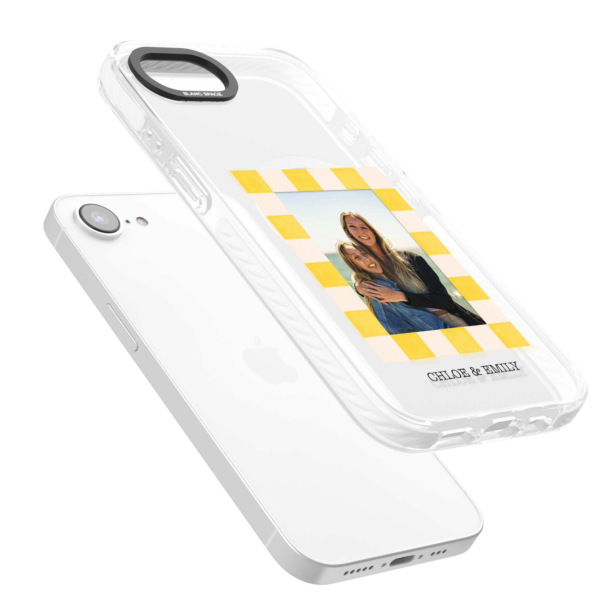 Yellow Check Photo personalised iPhone case with yellow checkered Polaroid frame and custom names beneath | Impact Magsafe case for iPhone 16e, iPhone 17e