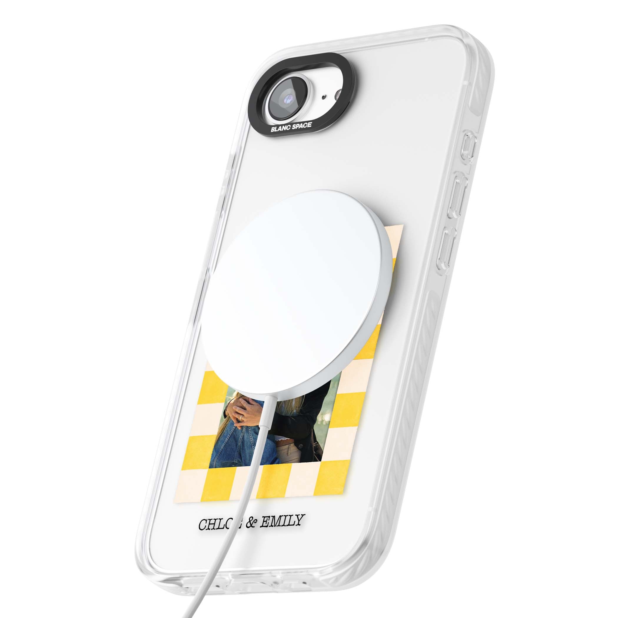 Yellow Check Photo personalised iPhone case with yellow checkered Polaroid frame and custom names beneath | Impact Magsafe case for iPhone 16e, iPhone 17e