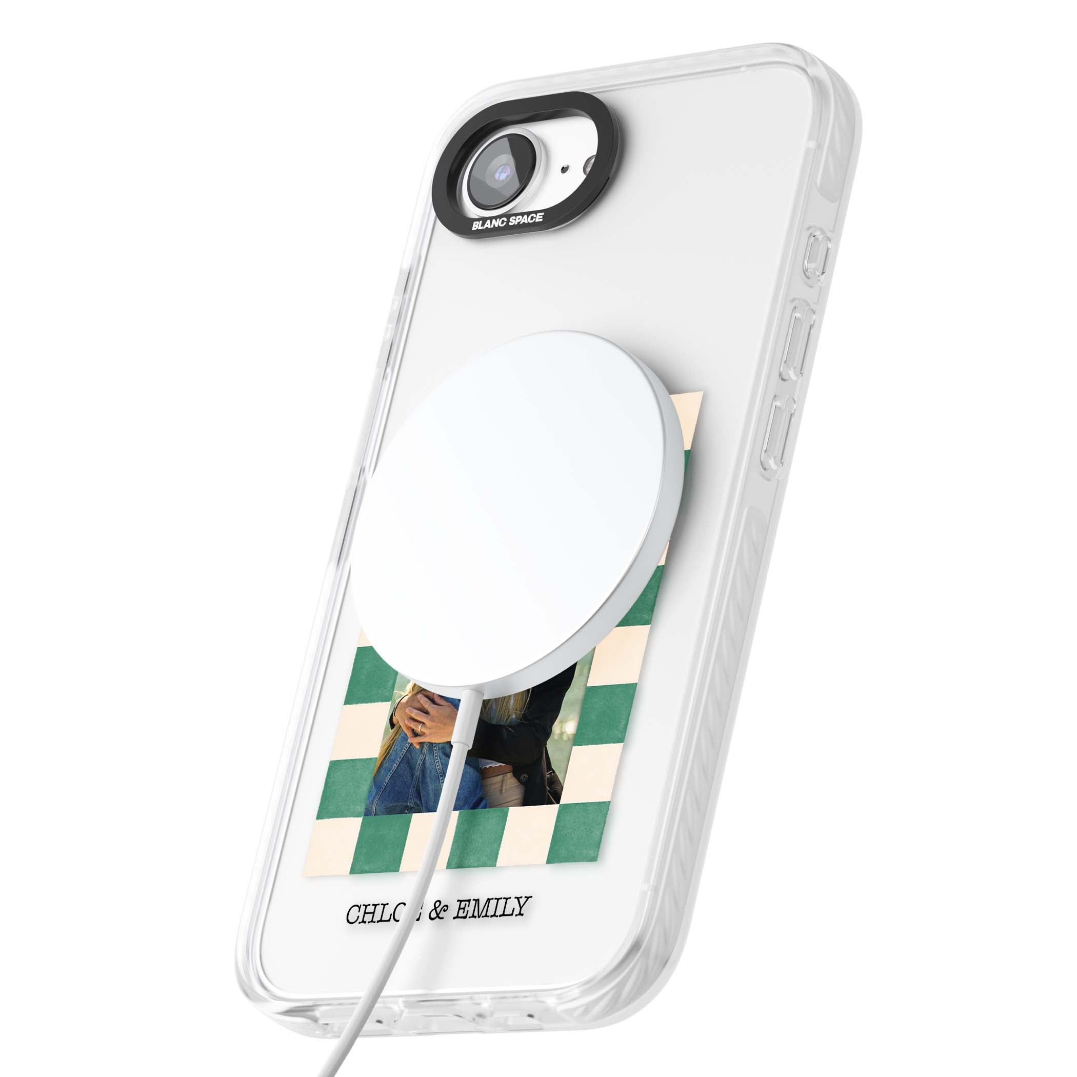 Seafoam Check Photo personalised iPhone case featuring a custom polaroid photo, green and cream checkered frame, and custom n | Impact Magsafe case for iPhone 16e, iPhone 17e