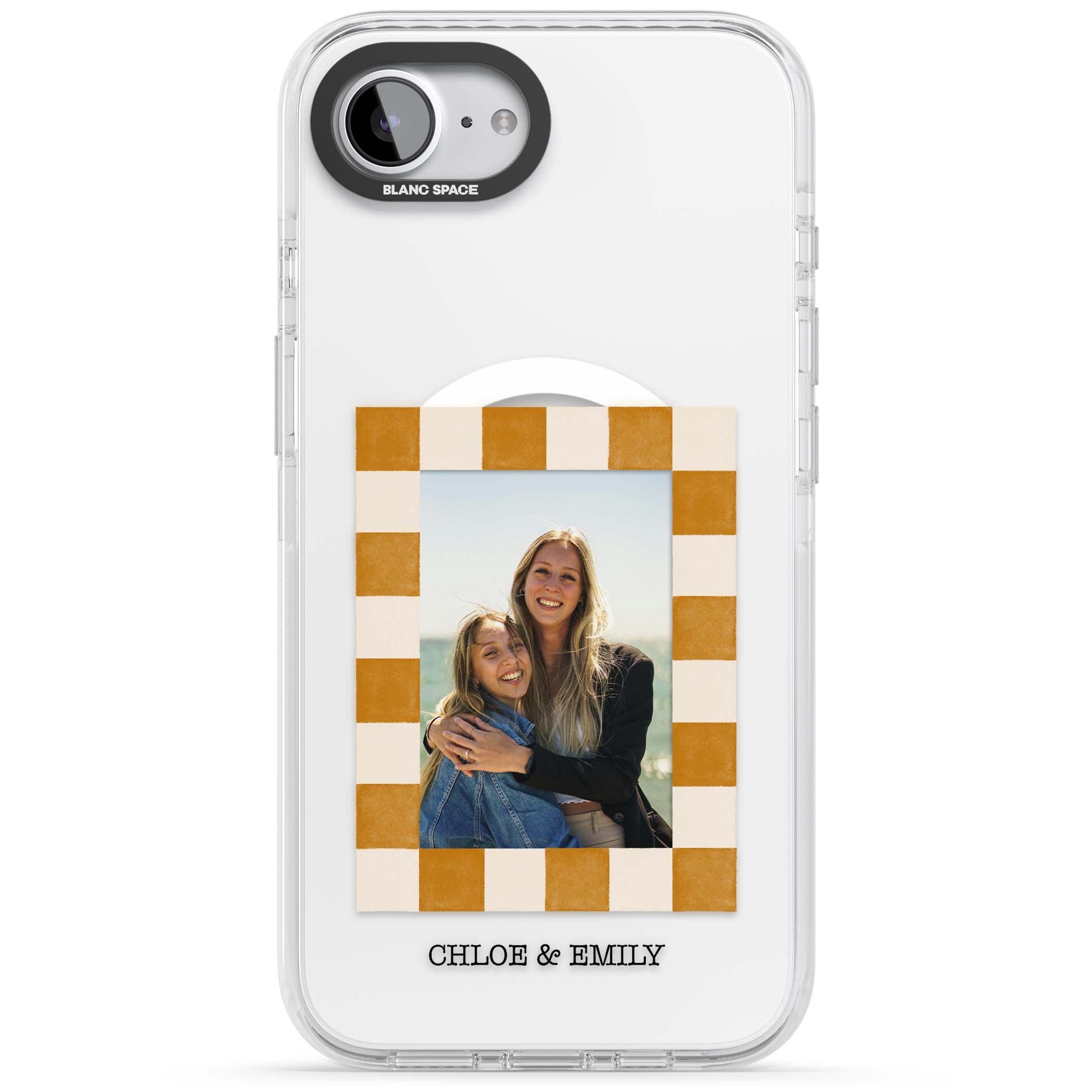 Citrus Check Photo personalised iPhone case with custom photo, orange checkered frame and names underneath | Impact Magsafe case for iPhone 16e, iPhone 17e