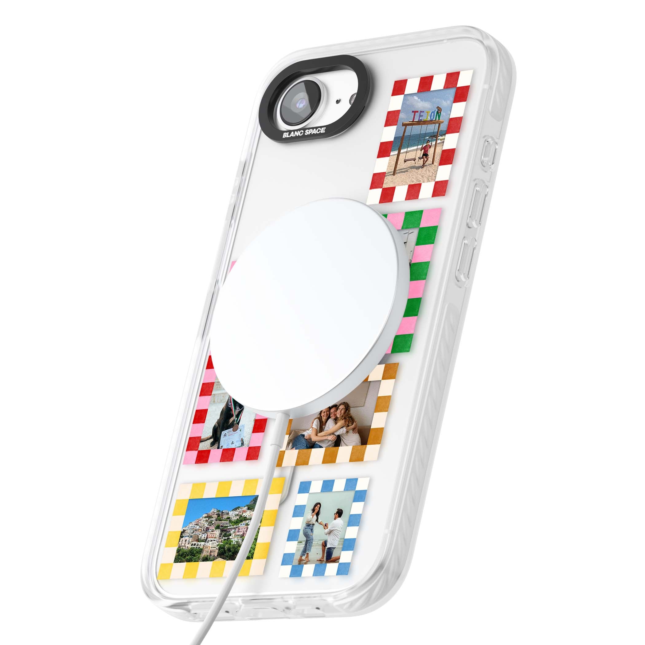Italian Check Frames custom photo collage iPhone case featuring six checkered photo frames in red, green, pink and | Impact Magsafe case for iPhone 16e, iPhone 17e