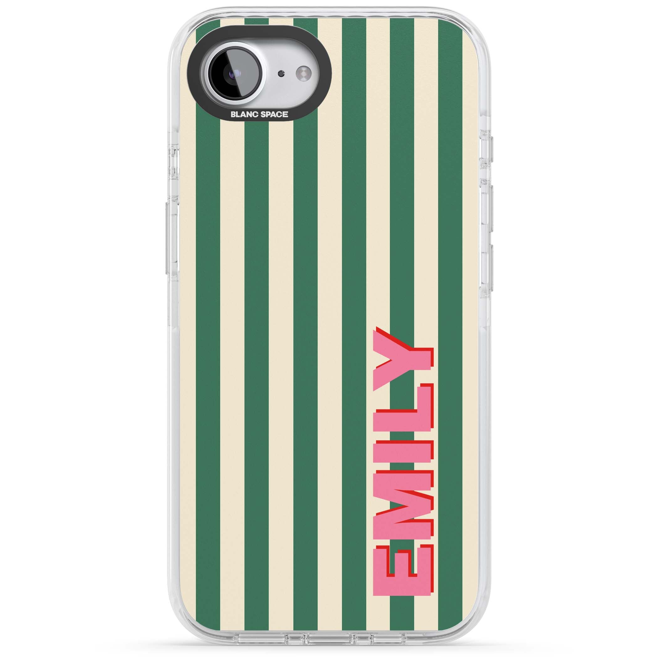 Wimbledon Stripe preppy iPhone case featuring green and cream vertical stripes with a personalised pink name | Impact Magsafe case for iPhone 16e, iPhone 17e