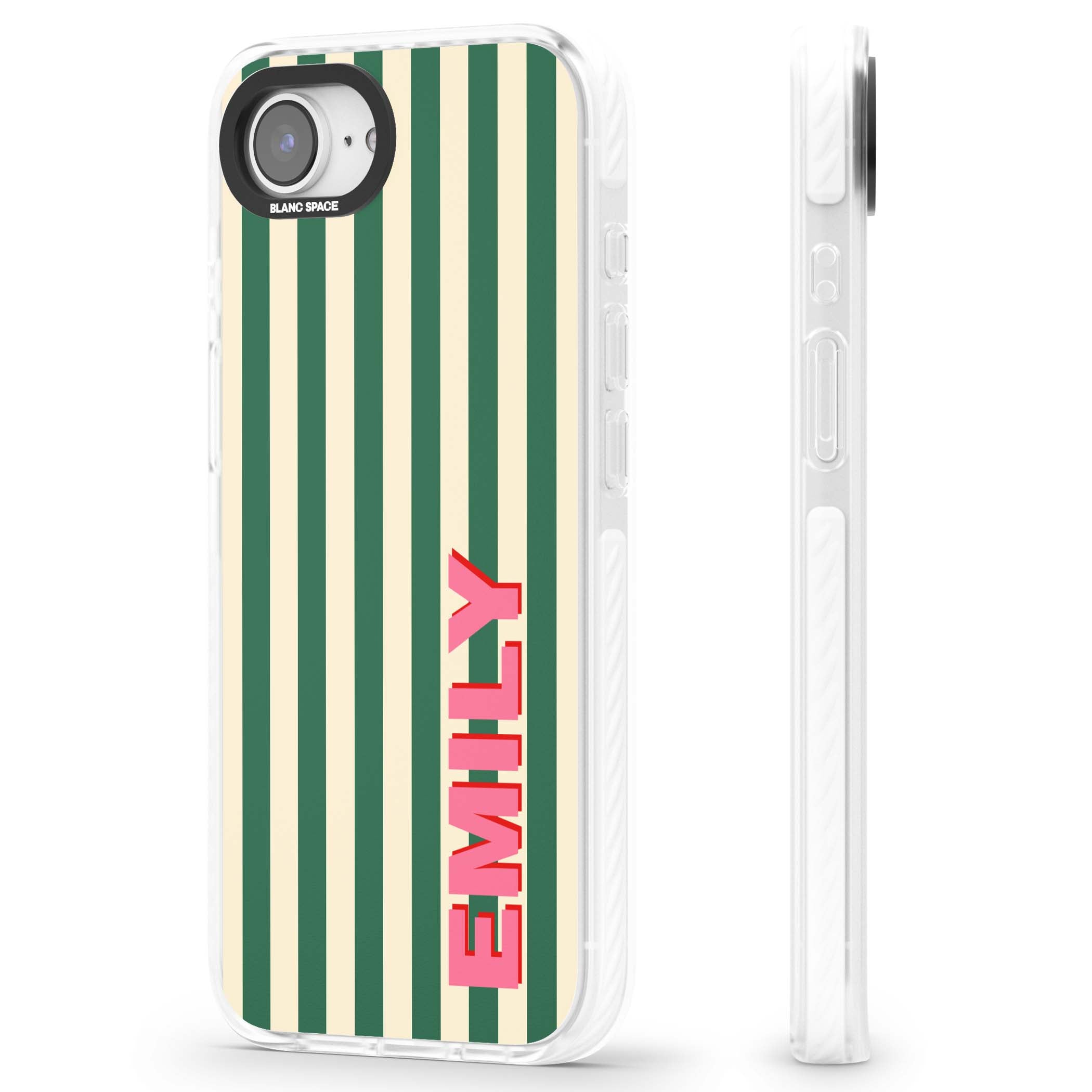 Wimbledon Stripe preppy iPhone case featuring green and cream vertical stripes with a personalised pink name | Impact Magsafe case for iPhone 16e, iPhone 17e