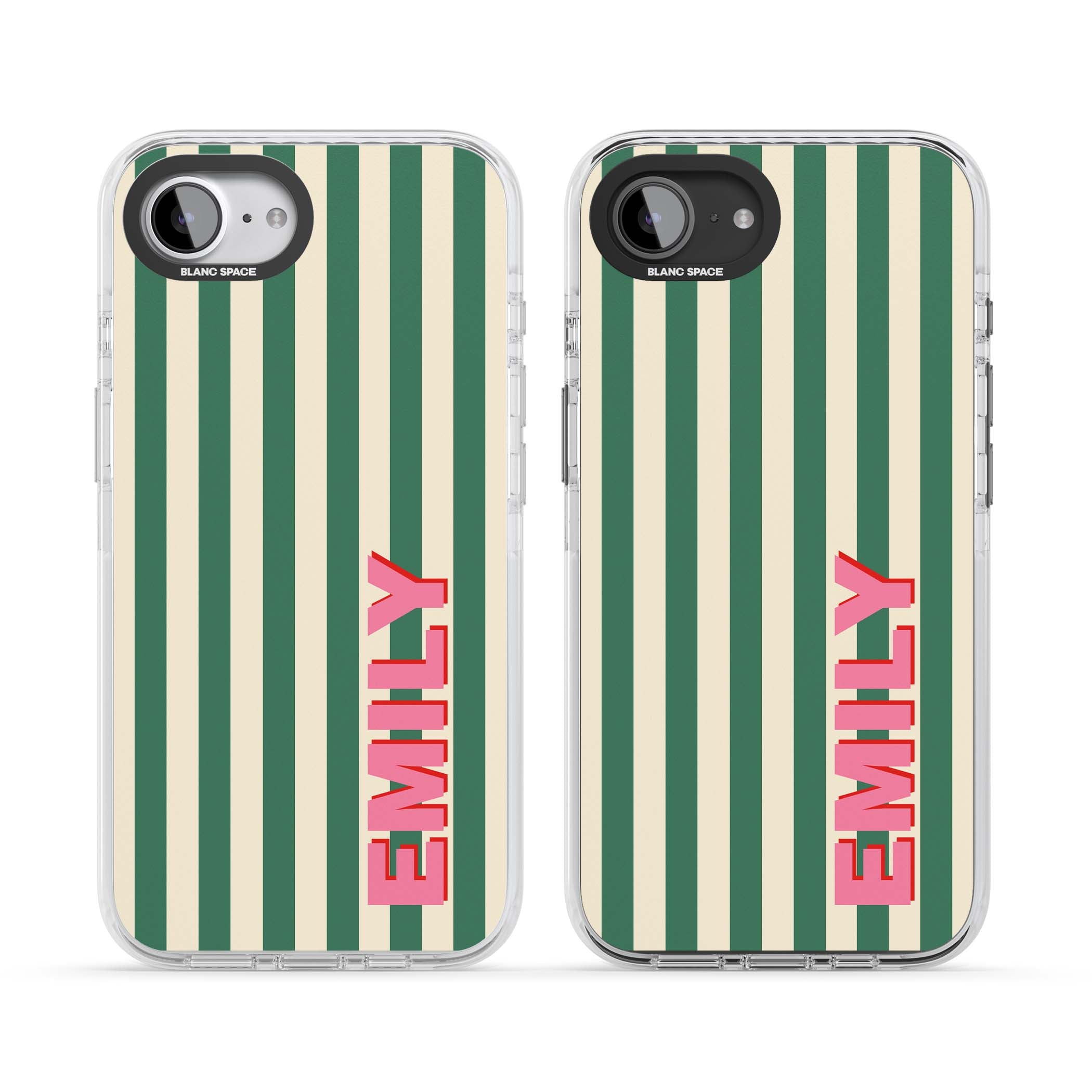 Wimbledon Stripe preppy iPhone case featuring green and cream vertical stripes with a personalised pink name | Impact Magsafe case for iPhone 16e, iPhone 17e