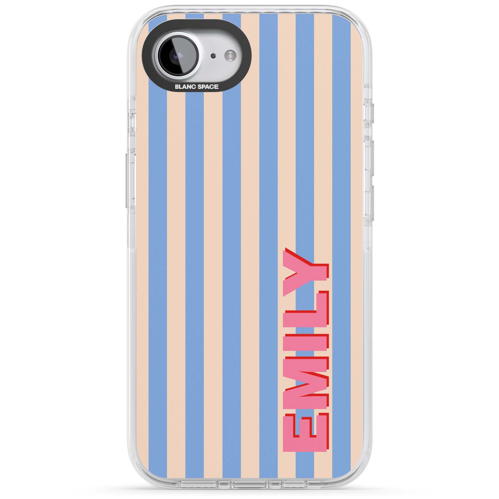 Coastal Stripe personalised coastal iPhone case with blue and peach vertical stripes and custom pink name | Impact Magsafe case for iPhone 16e, iPhone 17e