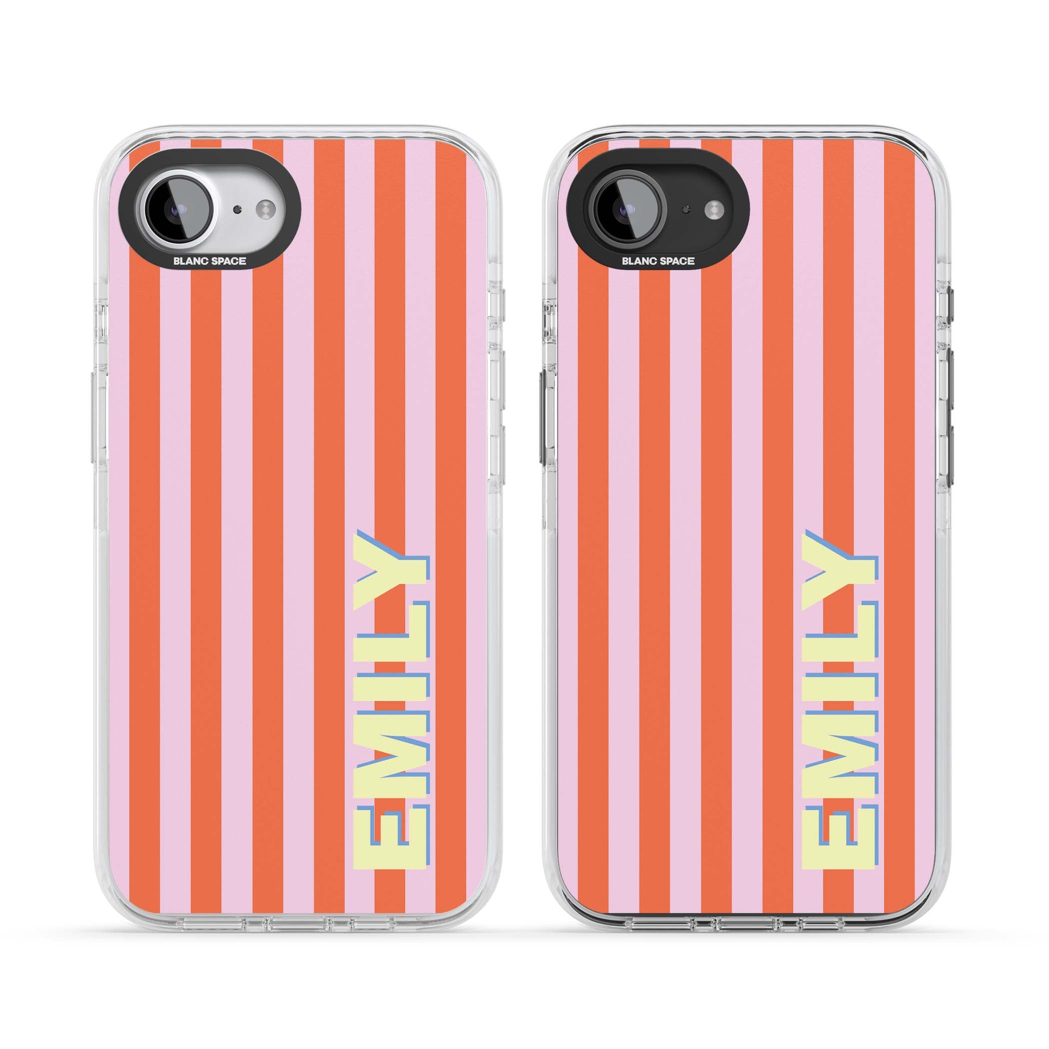 Havana Stripe personalised iPhone case featuring pink and orange vertical stripes with a custom yellow name | Impact Magsafe case for iPhone 16e, iPhone 17e