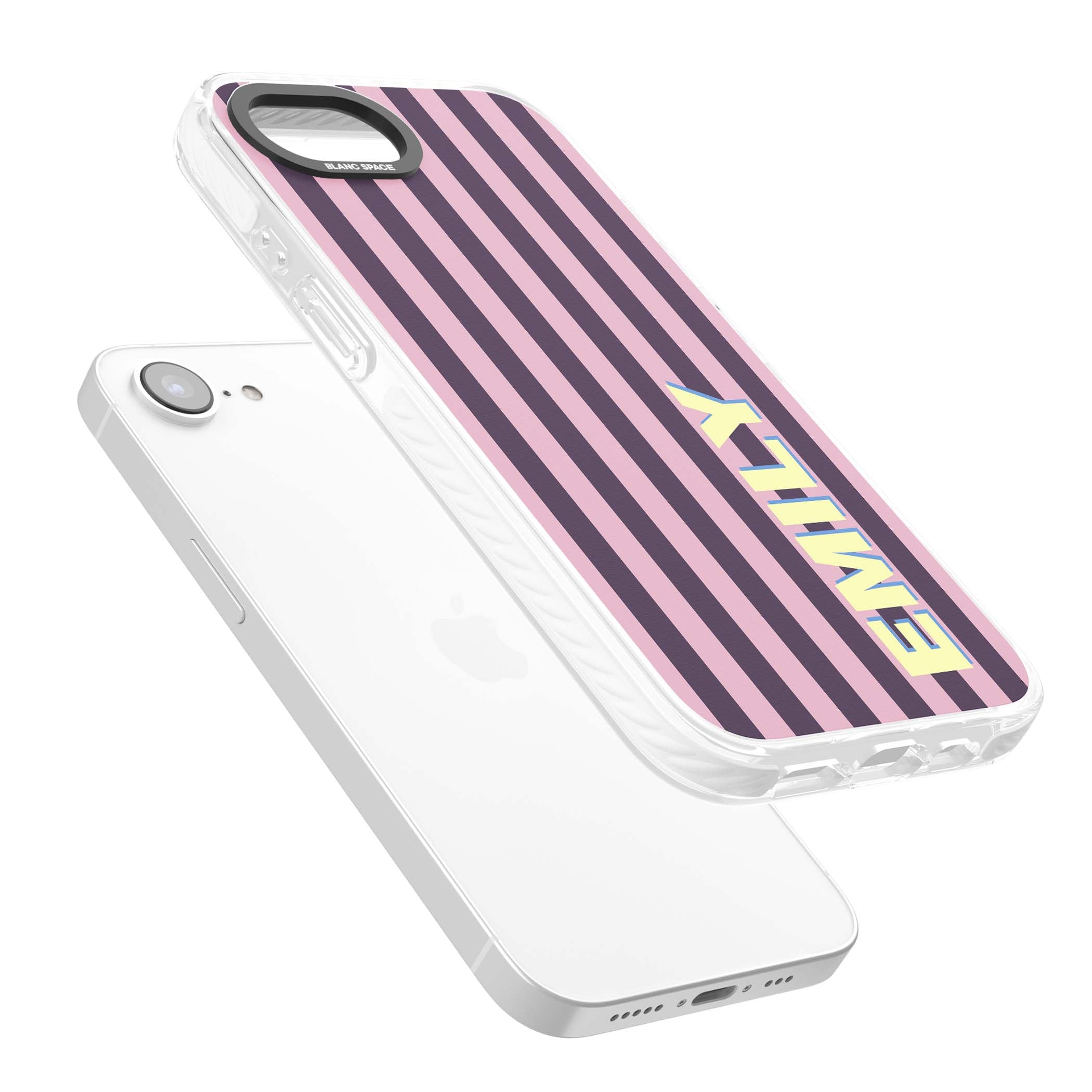 Tyre Stripe personalised stripe iPhone case with plum and pink vertical stripes and custom yellow name | Impact Magsafe case for iPhone 16e, iPhone 17e