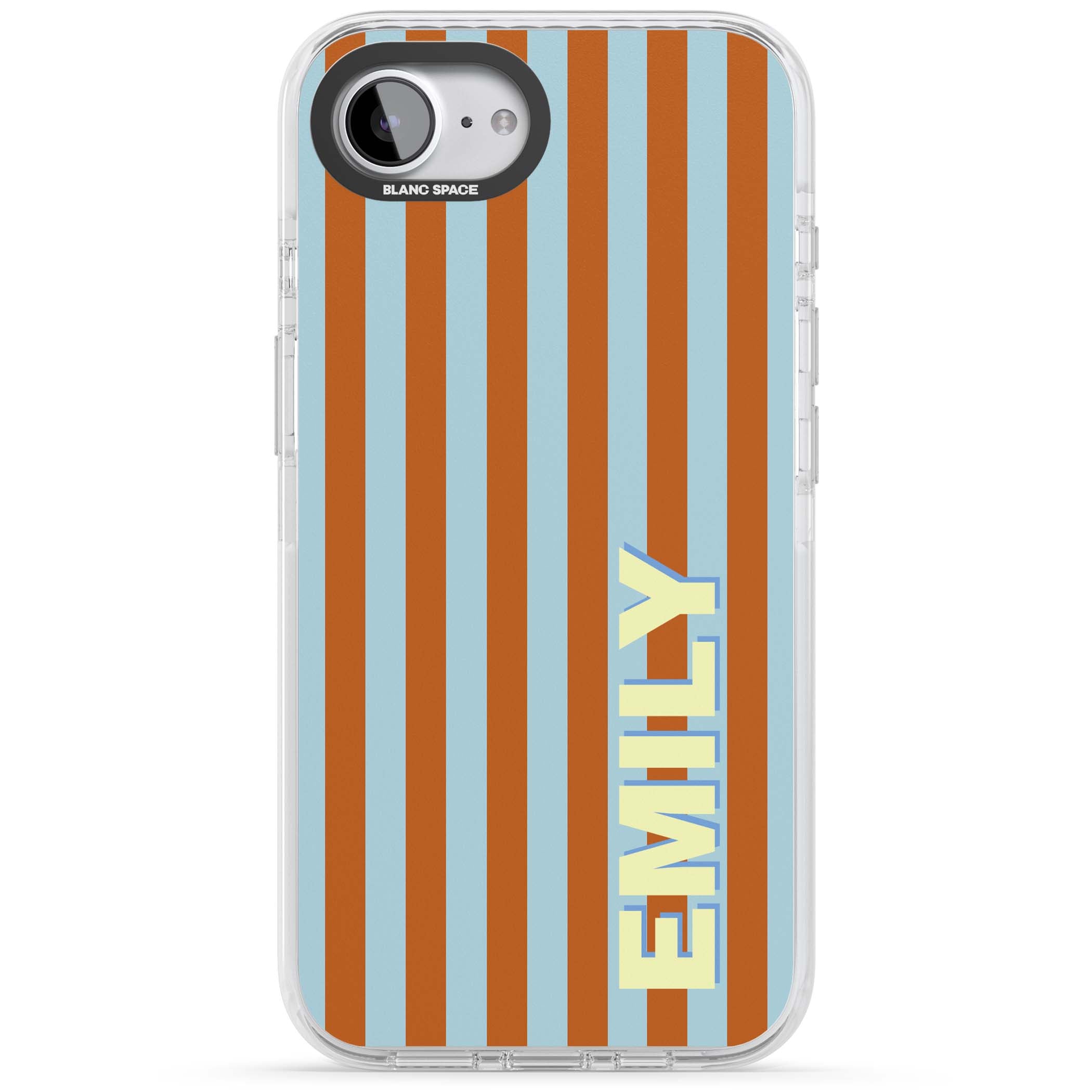 Cappadocia Stripe personalised coastal iPhone case featuring blue and orange vertical stripes with custom cream name | Impact Magsafe case for iPhone 16e, iPhone 17e