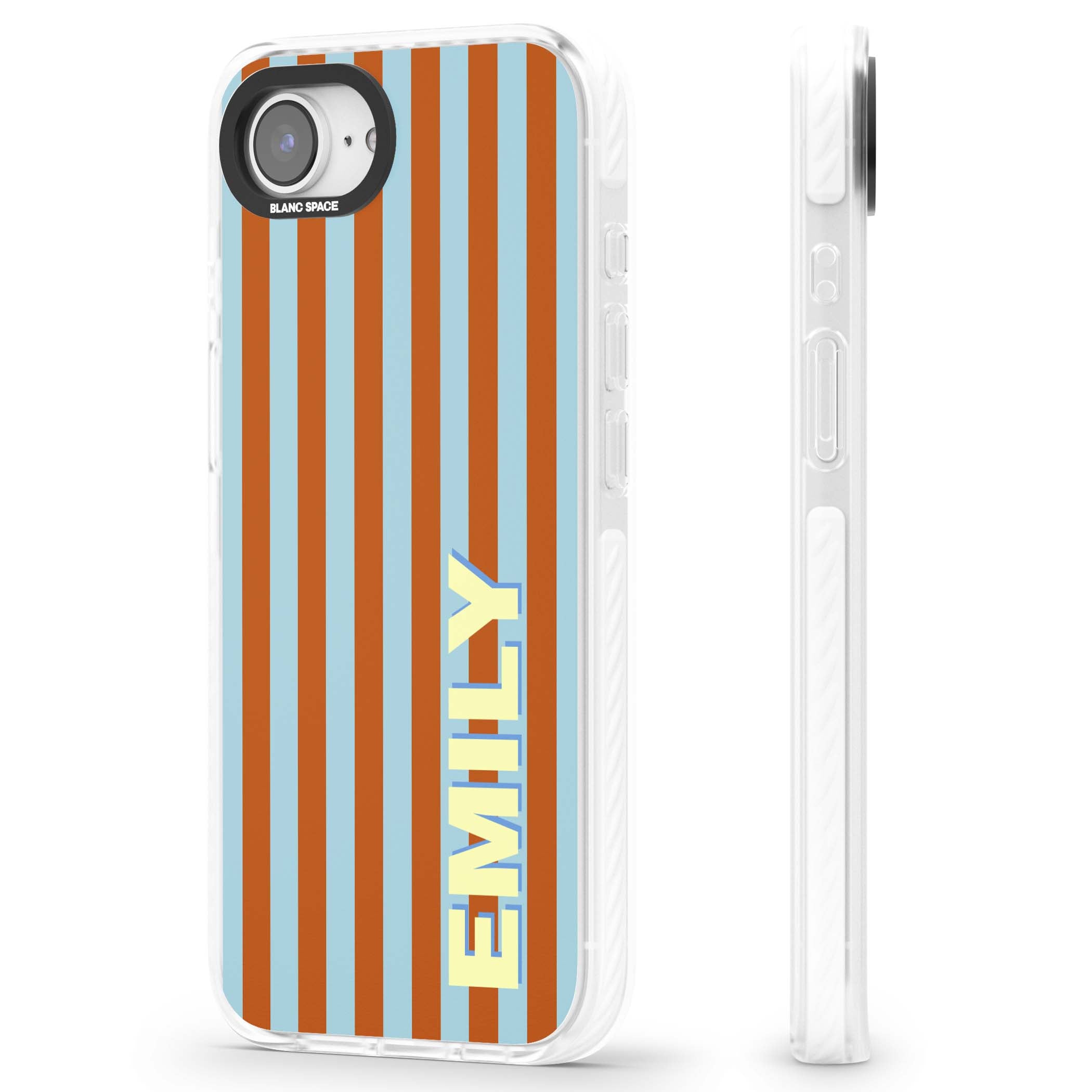 Cappadocia Stripe personalised coastal iPhone case featuring blue and orange vertical stripes with custom cream name | Impact Magsafe case for iPhone 16e, iPhone 17e