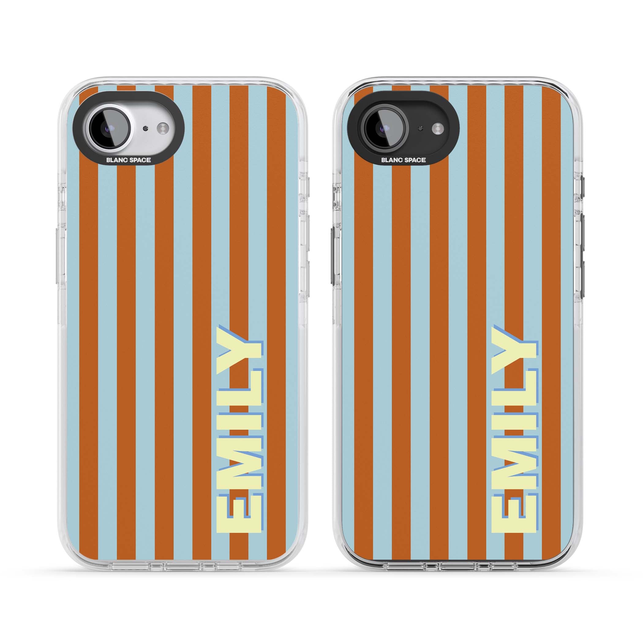 Cappadocia Stripe personalised coastal iPhone case featuring blue and orange vertical stripes with custom cream name | Impact Magsafe case for iPhone 16e, iPhone 17e