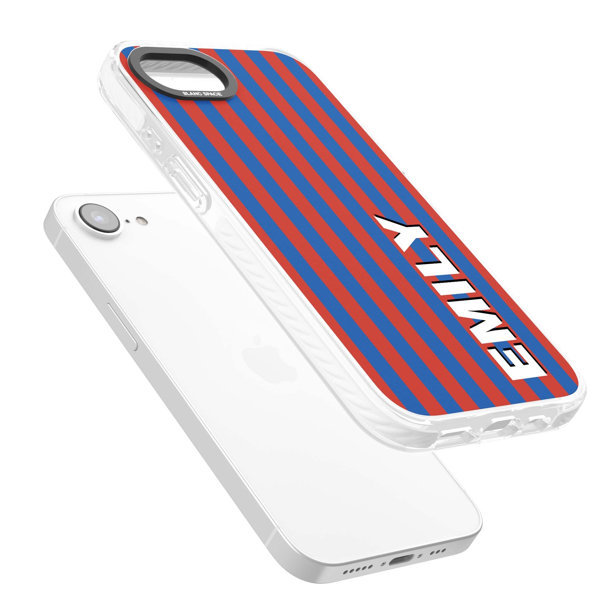 Cuban Stripe personalised iPhone case featuring red and blue vertical stripes with custom name in bold white letters | Impact Magsafe case for iPhone 16e, iPhone 17e