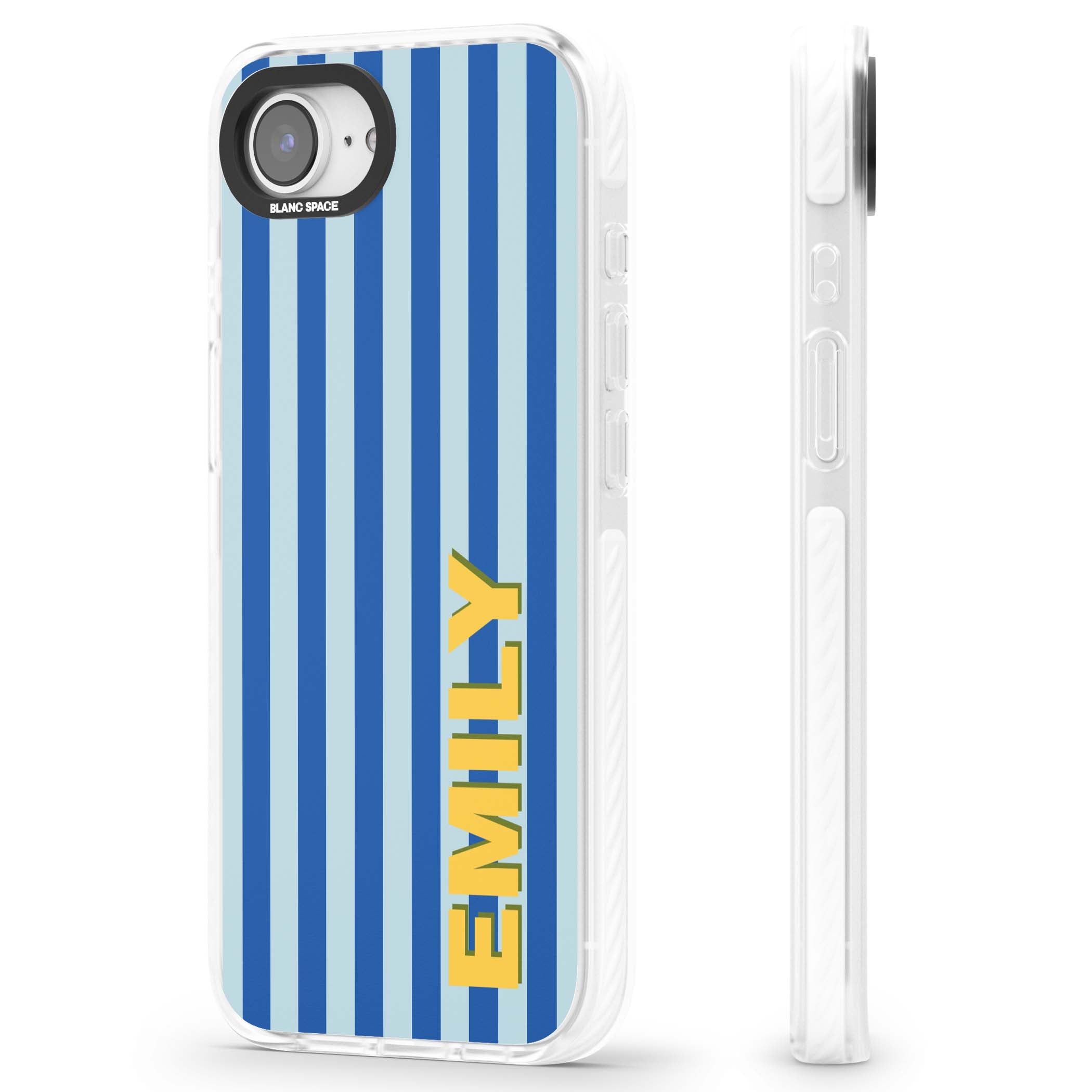 Athenian Stripe personalised preppy iPhone case featuring blue vertical stripes and a custom yellow name | Impact Magsafe case for iPhone 16e, iPhone 17e