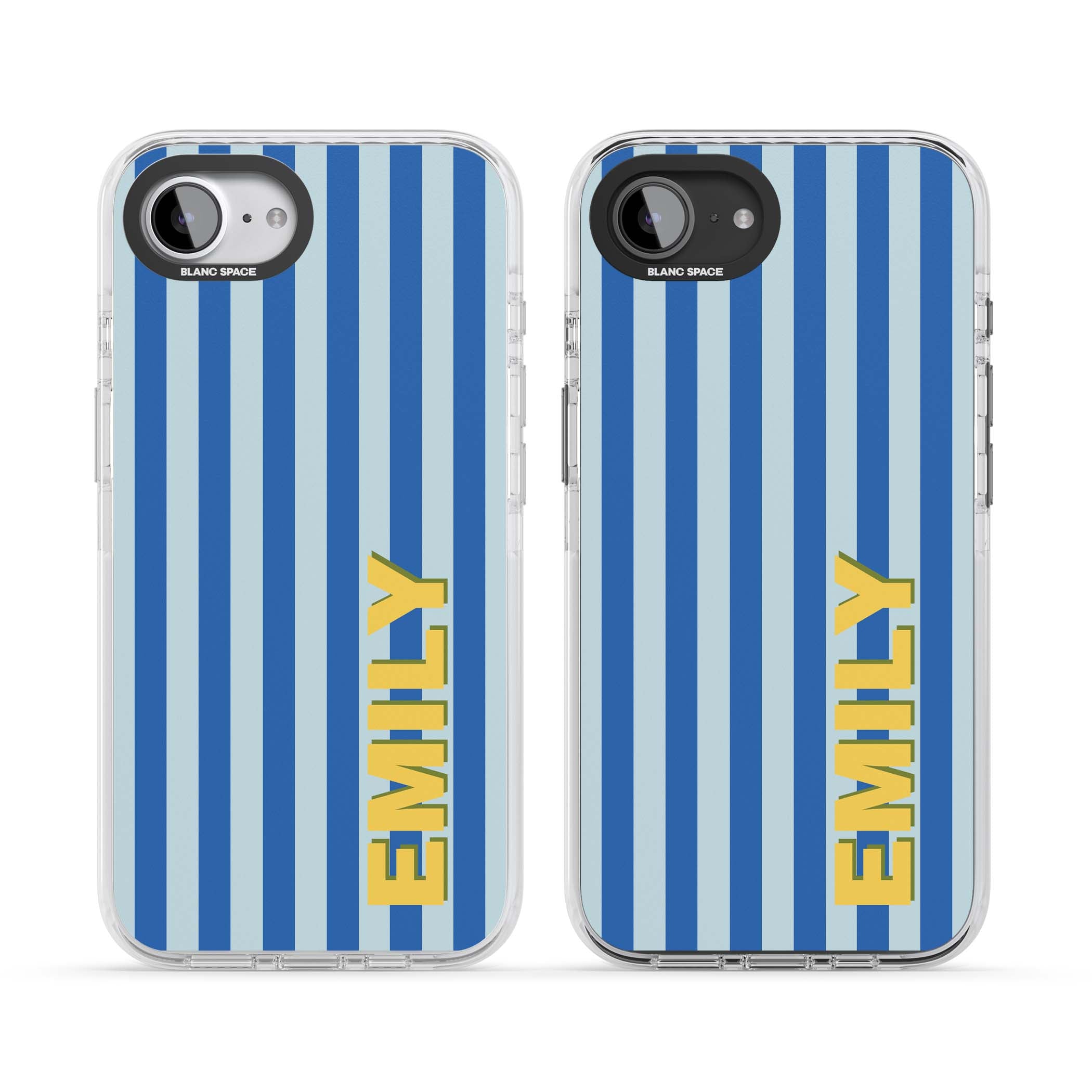 Athenian Stripe personalised preppy iPhone case featuring blue vertical stripes and a custom yellow name | Impact Magsafe case for iPhone 16e, iPhone 17e