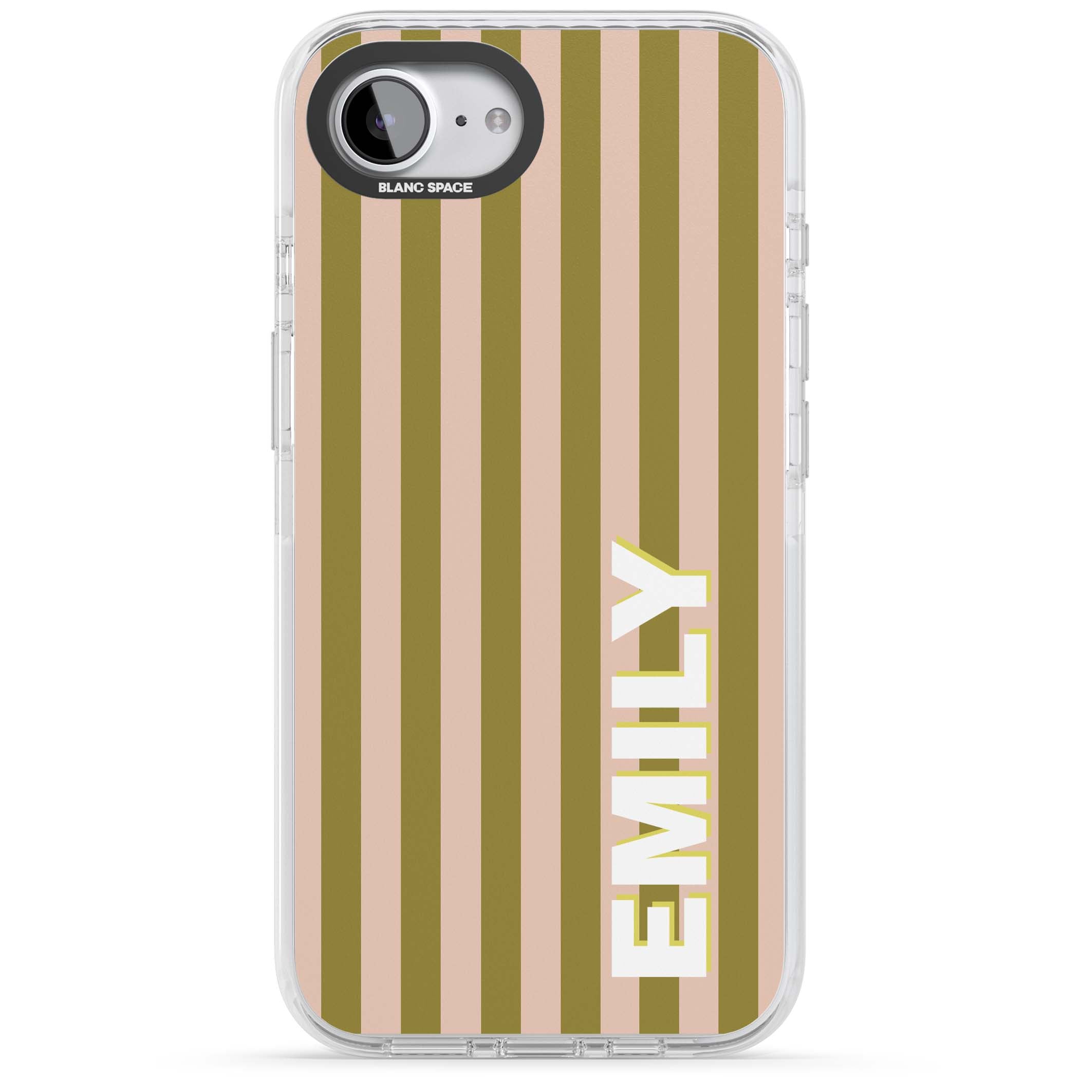 Indian Stripe personalised iPhone case featuring olive green and blush pink vertical stripes with custom name in whit | Impact Magsafe case for iPhone 16e, iPhone 17e