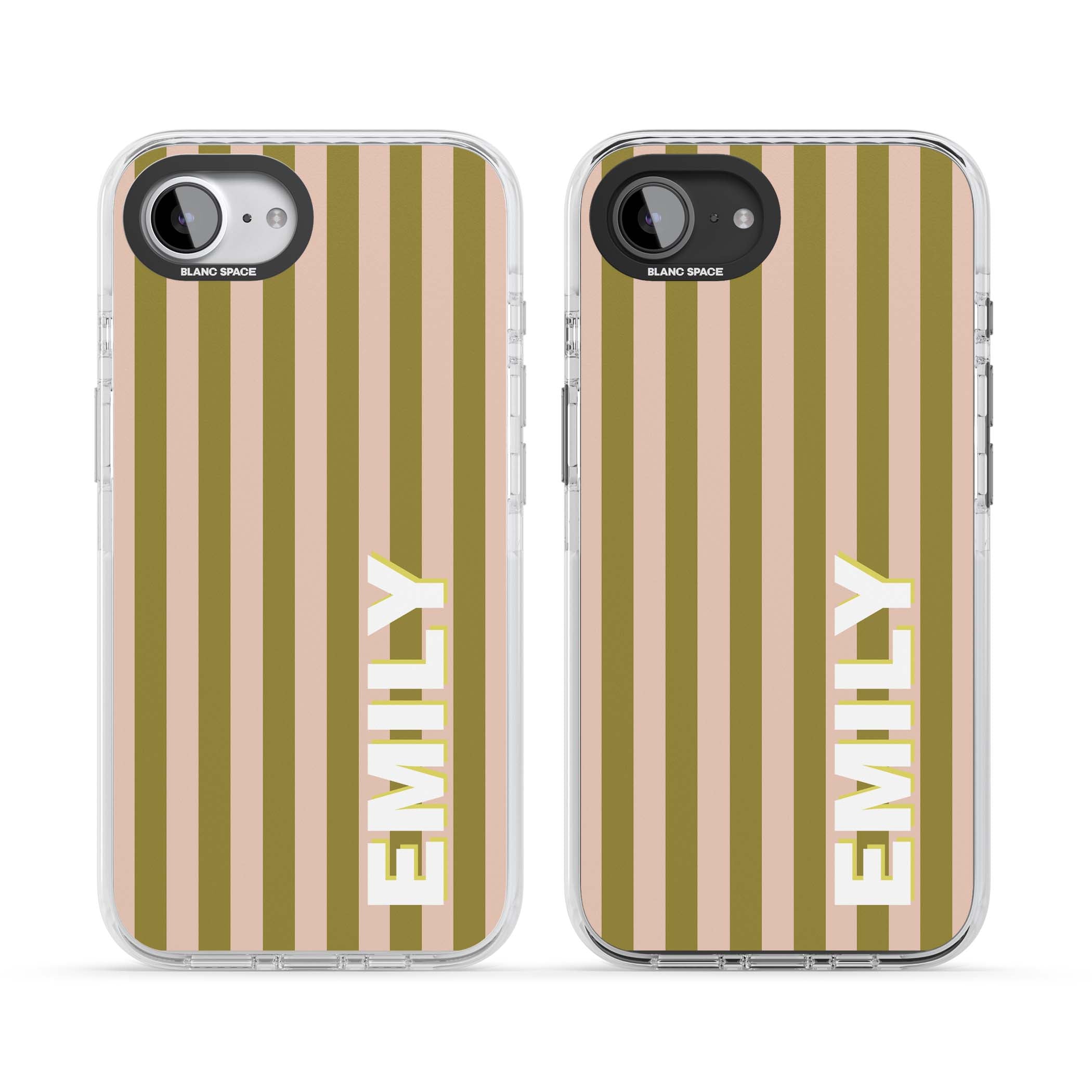 Indian Stripe personalised iPhone case featuring olive green and blush pink vertical stripes with custom name in whit | Impact Magsafe case for iPhone 16e, iPhone 17e