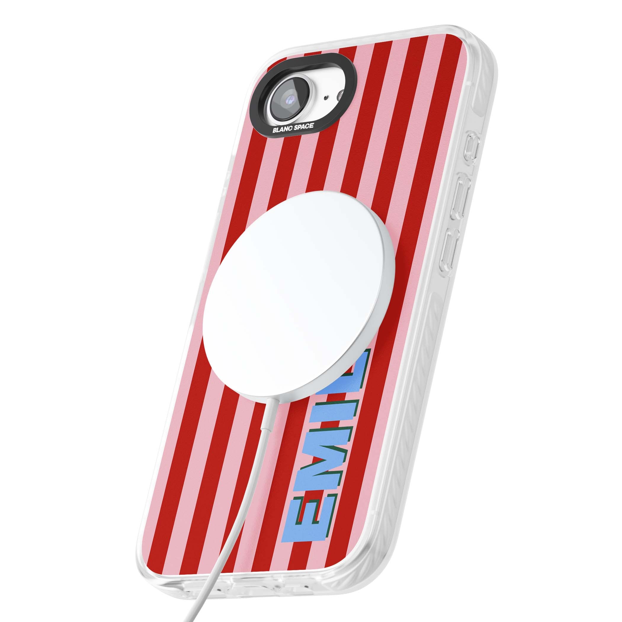 Market Stripe personalised iPhone case with red and pink vertical stripes and custom blue name | Impact Magsafe case for iPhone 16e, iPhone 17e