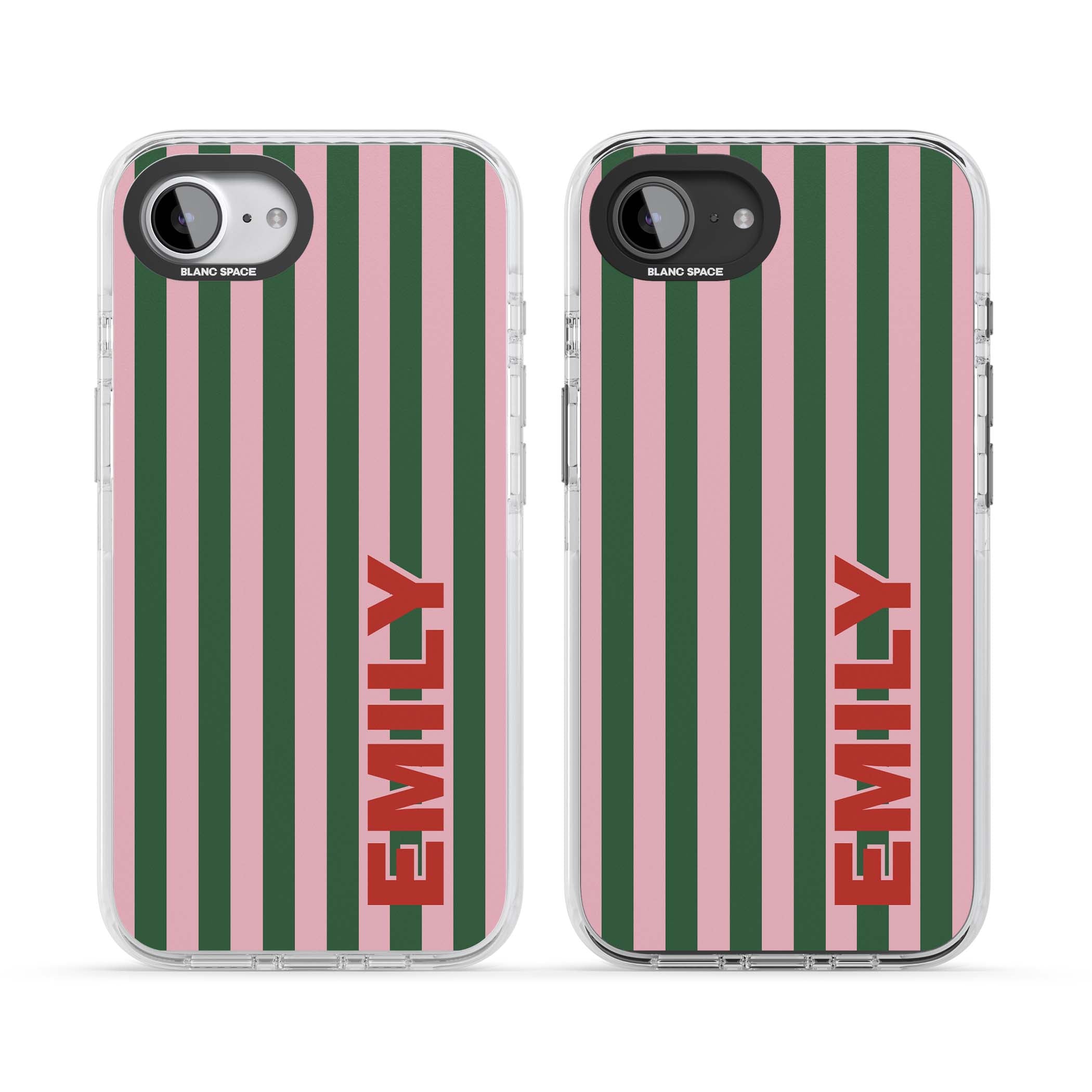 Italian Stripe preppy iPhone case featuring pink and green vertical stripes with personalised red name | Impact Magsafe case for iPhone 16e, iPhone 17e