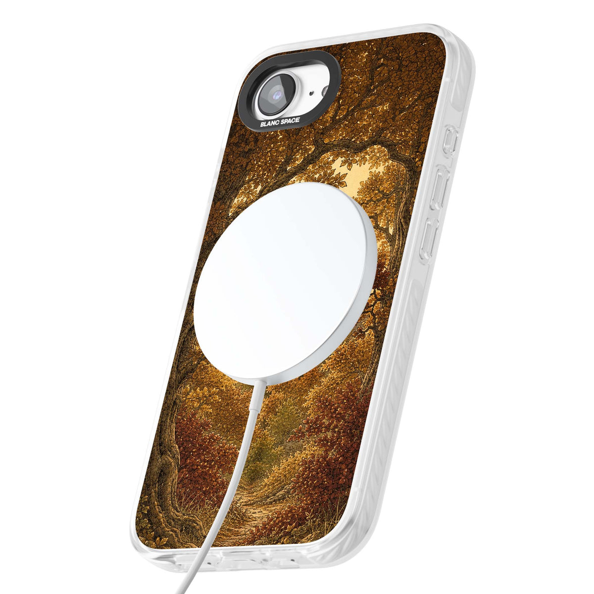 Autumn Keep cottagecore iPhone case featuring a medieval castle tower framed by golden autumn trees and woodland foliage | Impact Magsafe case for iPhone 16e, iPhone 17e