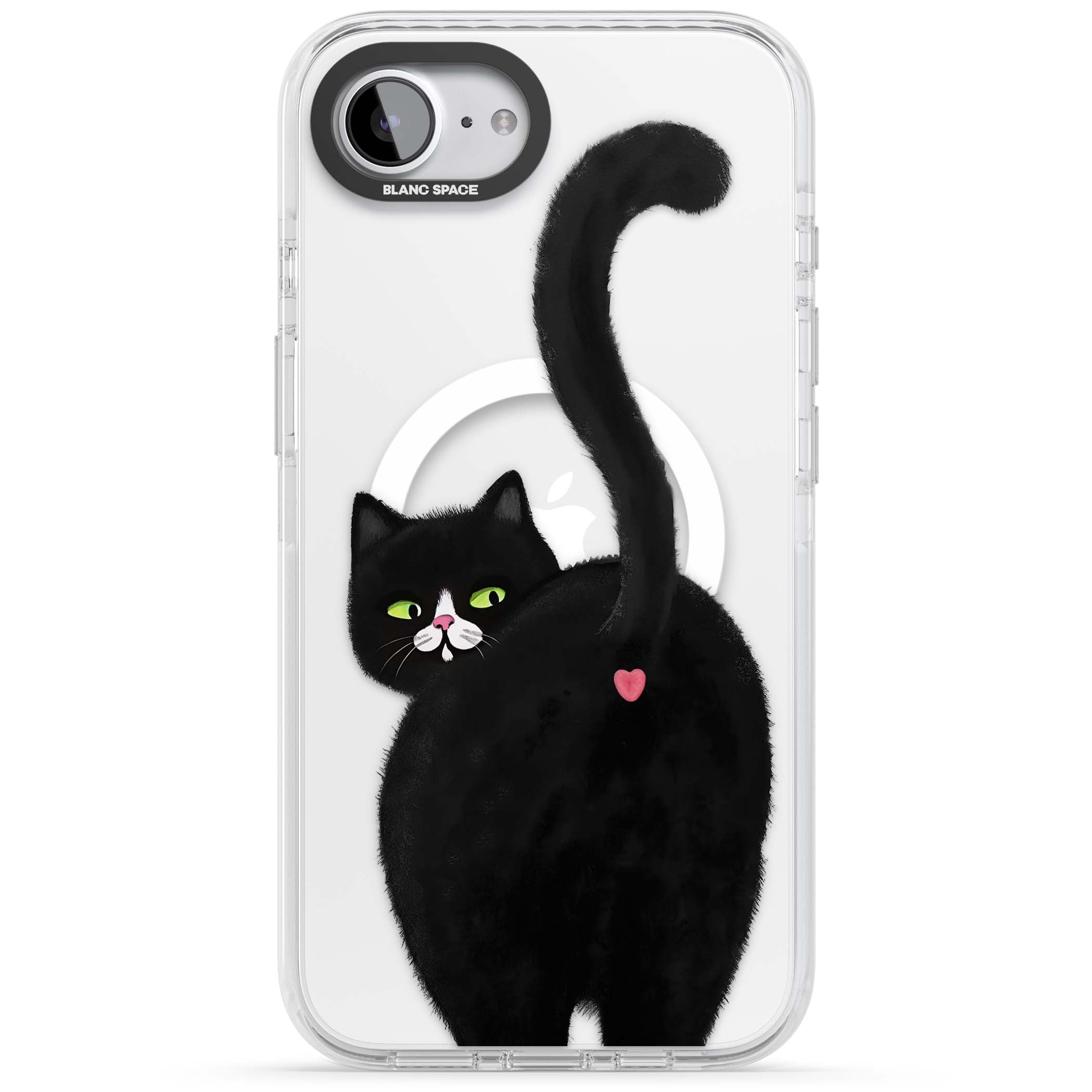 The Cat's Kiss cute cat iPhone case featuring a hand-painted tuxedo kitty with green eyes and a pink heart on a clear | Impact Magsafe case for iPhone 16e, iPhone 17e