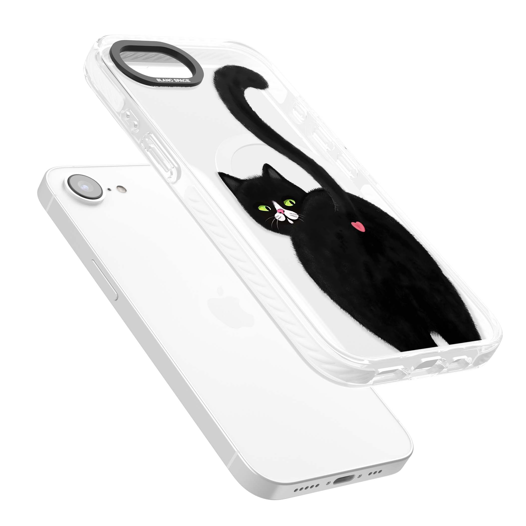The Cat's Kiss cute cat iPhone case featuring a hand-painted tuxedo kitty with green eyes and a pink heart on a clear | Impact Magsafe case for iPhone 16e, iPhone 17e