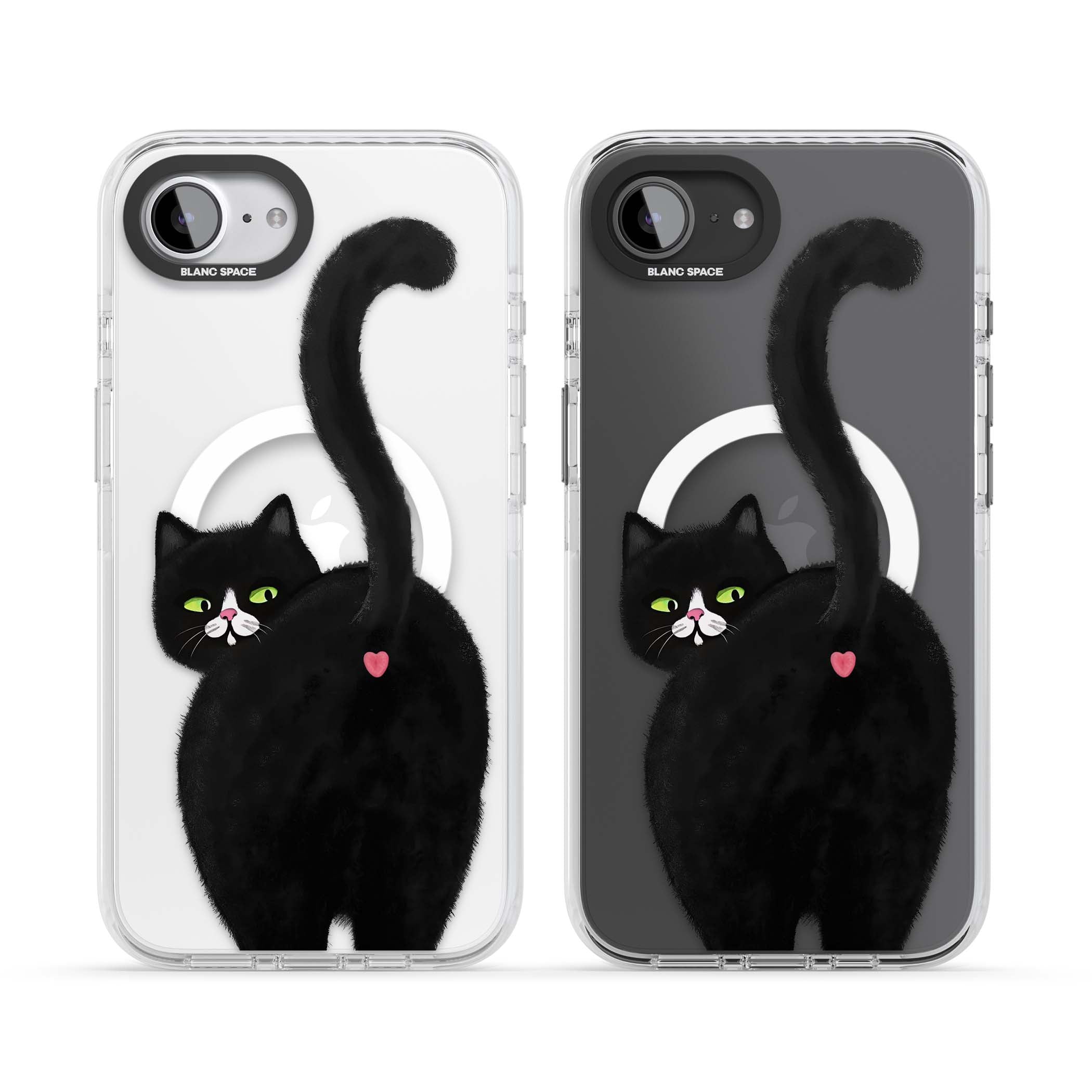 The Cat's Kiss cute cat iPhone case featuring a hand-painted tuxedo kitty with green eyes and a pink heart on a clear | Impact Magsafe case for iPhone 16e, iPhone 17e