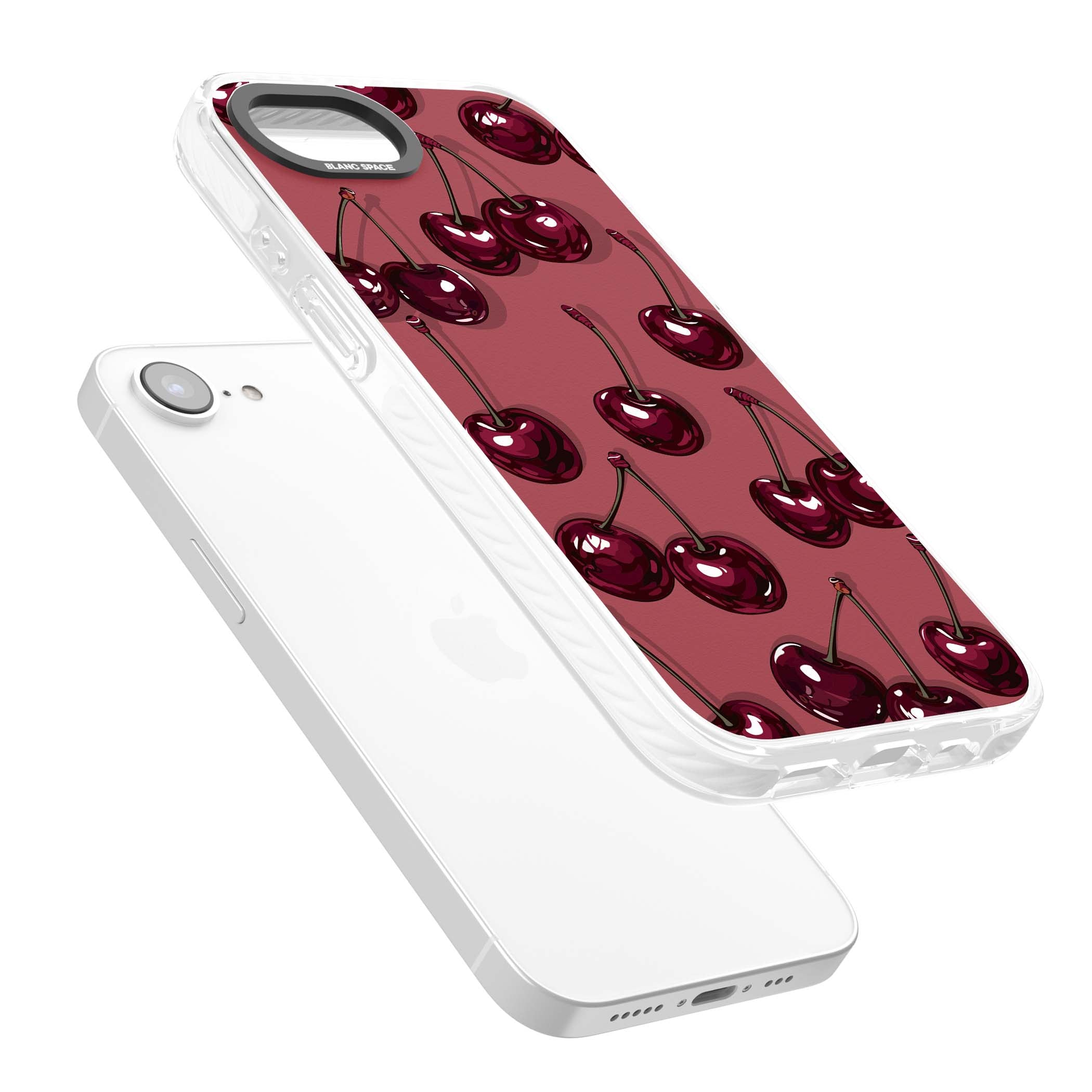 Cherry Rebel coquette iPhone case featuring glossy burgundy cherries on a dusty rose background | Impact Magsafe case for iPhone 16e, iPhone 17e