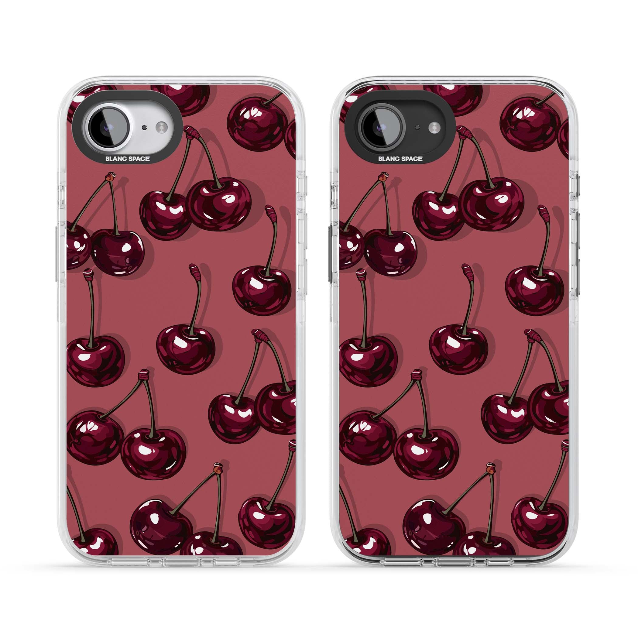 Cherry Rebel coquette iPhone case featuring glossy burgundy cherries on a dusty rose background | Impact Magsafe case for iPhone 16e, iPhone 17e
