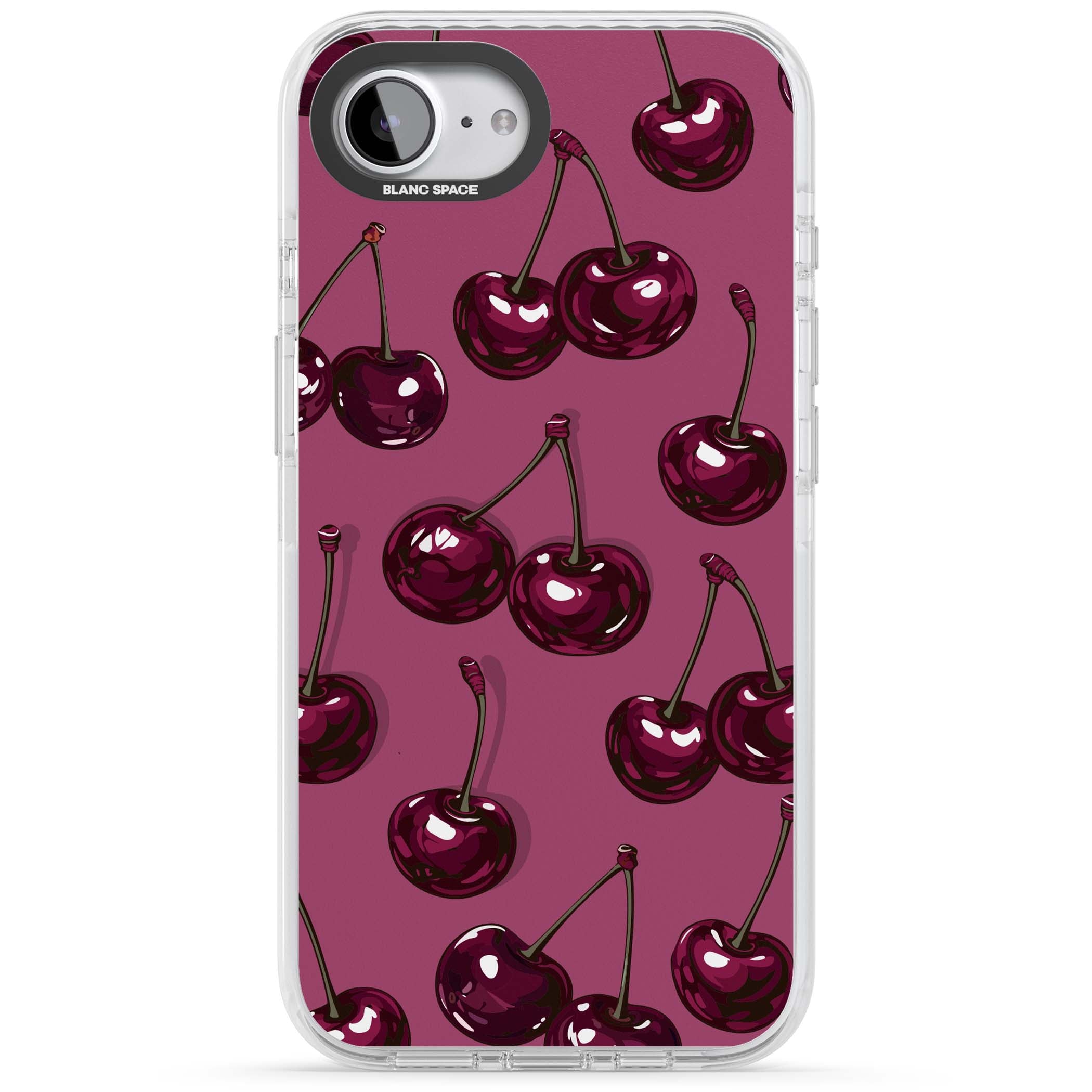 Cherry Soda coquette iPhone case featuring glossy burgundy cherries on a dusty pink background | Impact Magsafe case for iPhone 16e, iPhone 17e
