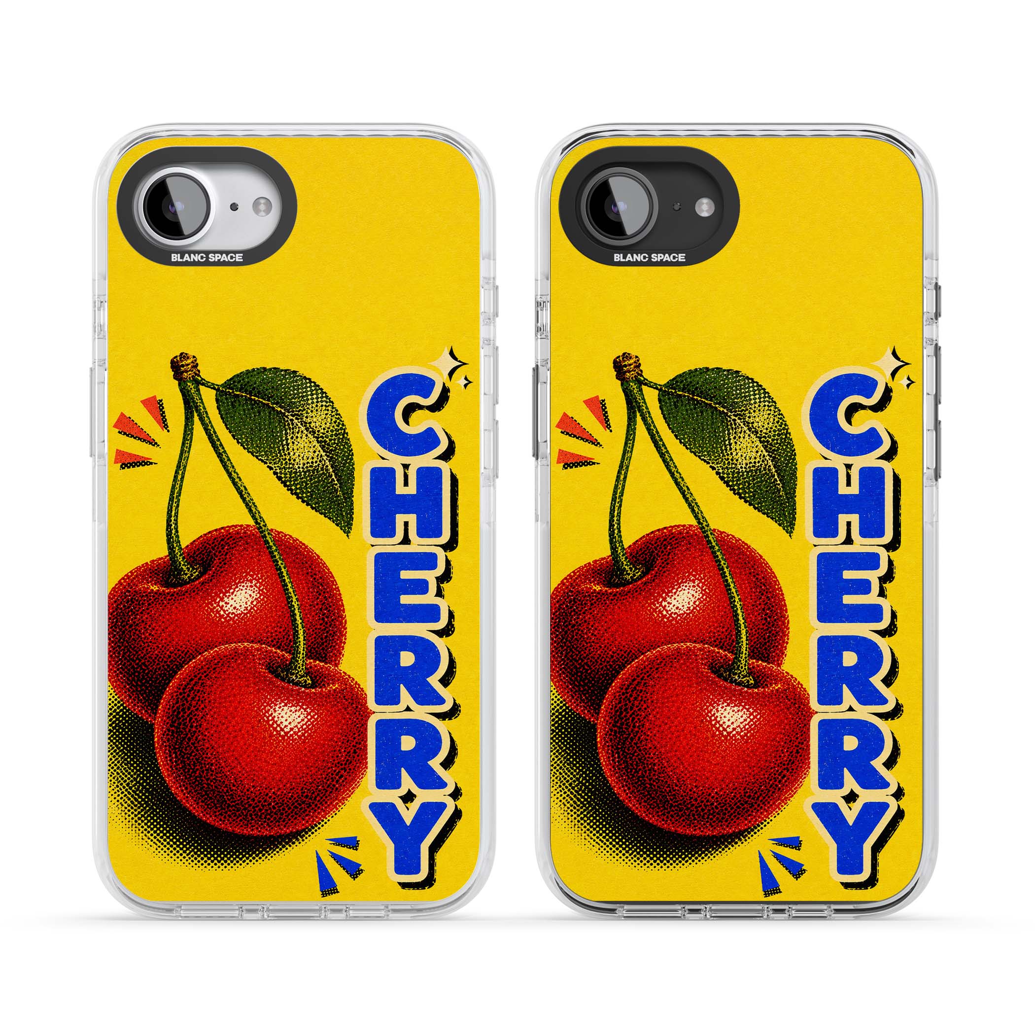 Cherry Yellow y2k iPhone case featuring two red cherries, halftone shading and bold blue CHERRY lettering on yellow | Impact Magsafe case for iPhone 16e, iPhone 17e