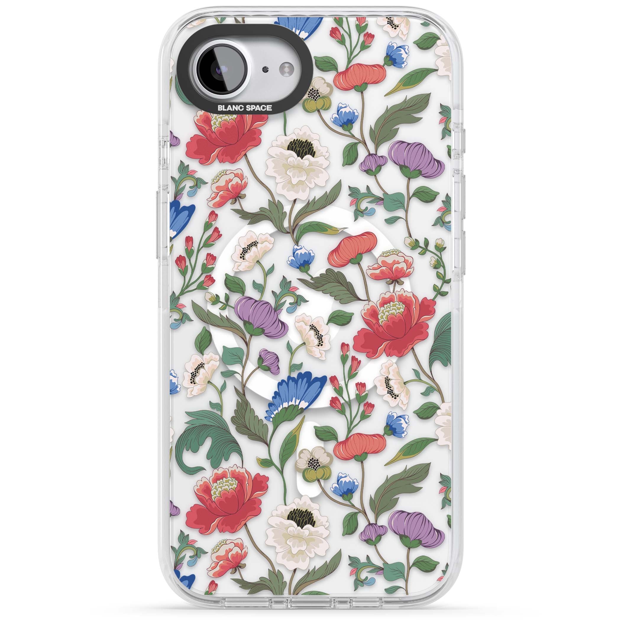 Chinoiserie Bloom vintage floral iPhone case featuring hand-painted peonies, poppies and trailing wildflowers on clear... | Impact Magsafe case for iPhone 16e, iPhone 17e