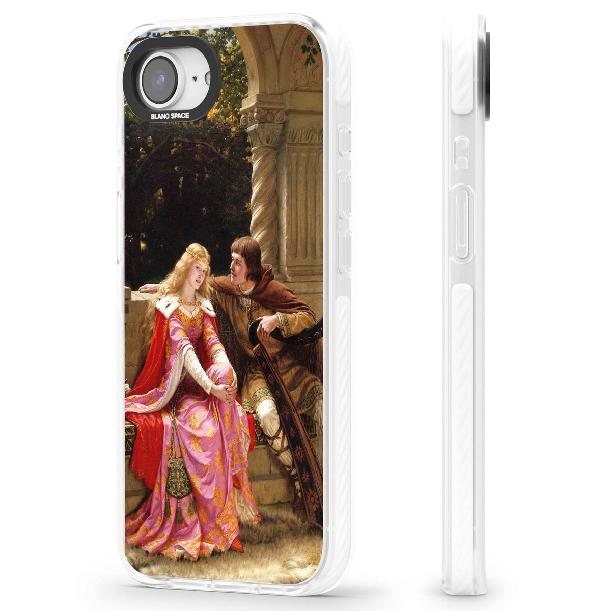 The End of the Song classic art iPhone case featuring a medieval lady in pink gown and her knight in a stone archway | Impact Magsafe case for iPhone 16e, iPhone 17e