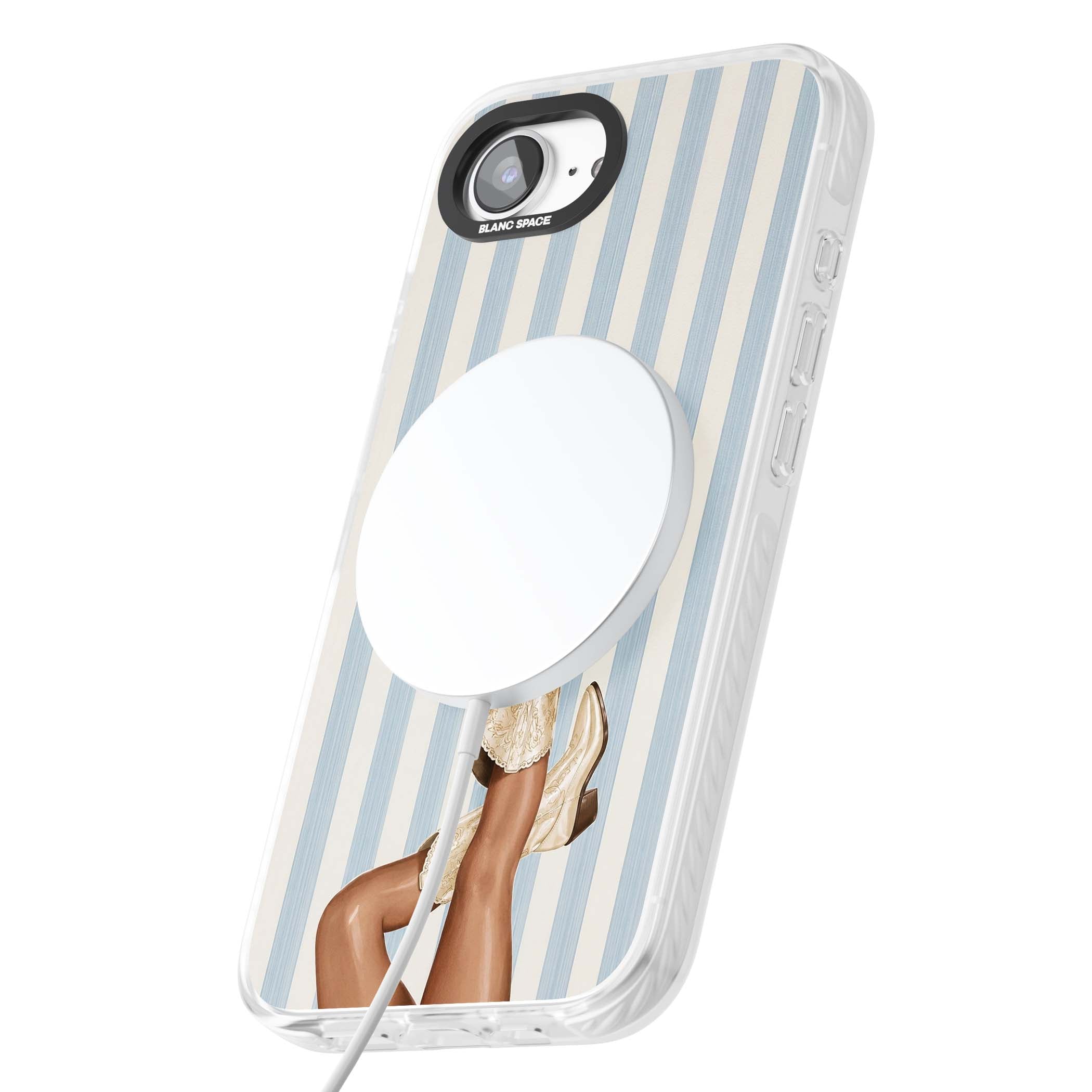 Cowgirl Boots coastal cowgirl iPhone case featuring embroidered western boots, tanned legs and a blue stripe backdrop | Impact Magsafe case for iPhone 16e, iPhone 17e