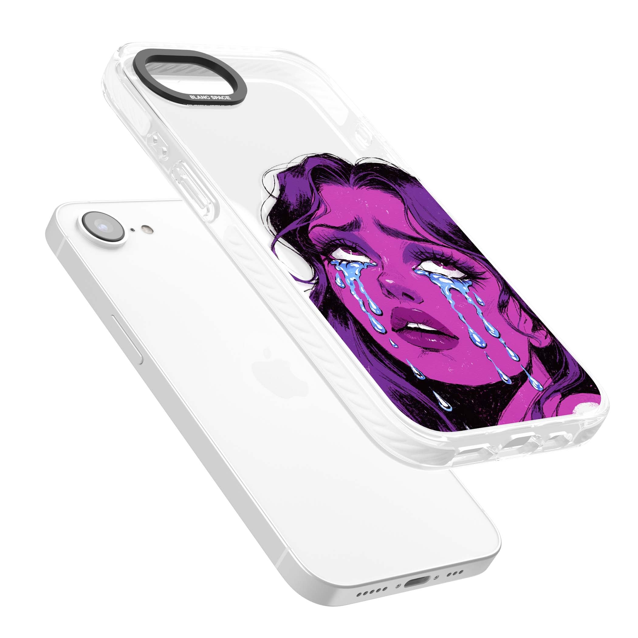 Drama Queen pop art iPhone case featuring a purple crying comic girl with blue tears | Impact Magsafe case for iPhone 16e, iPhone 17e