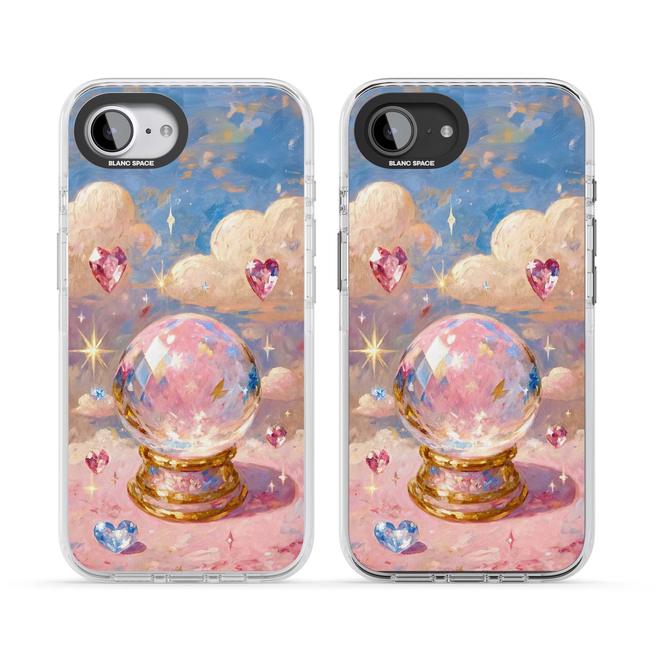 Crystal Ball fairycore iPhone case featuring a painted crystal ball, heart gemstones, and pastel clouds | Impact Magsafe case for iPhone 16e, iPhone 17e