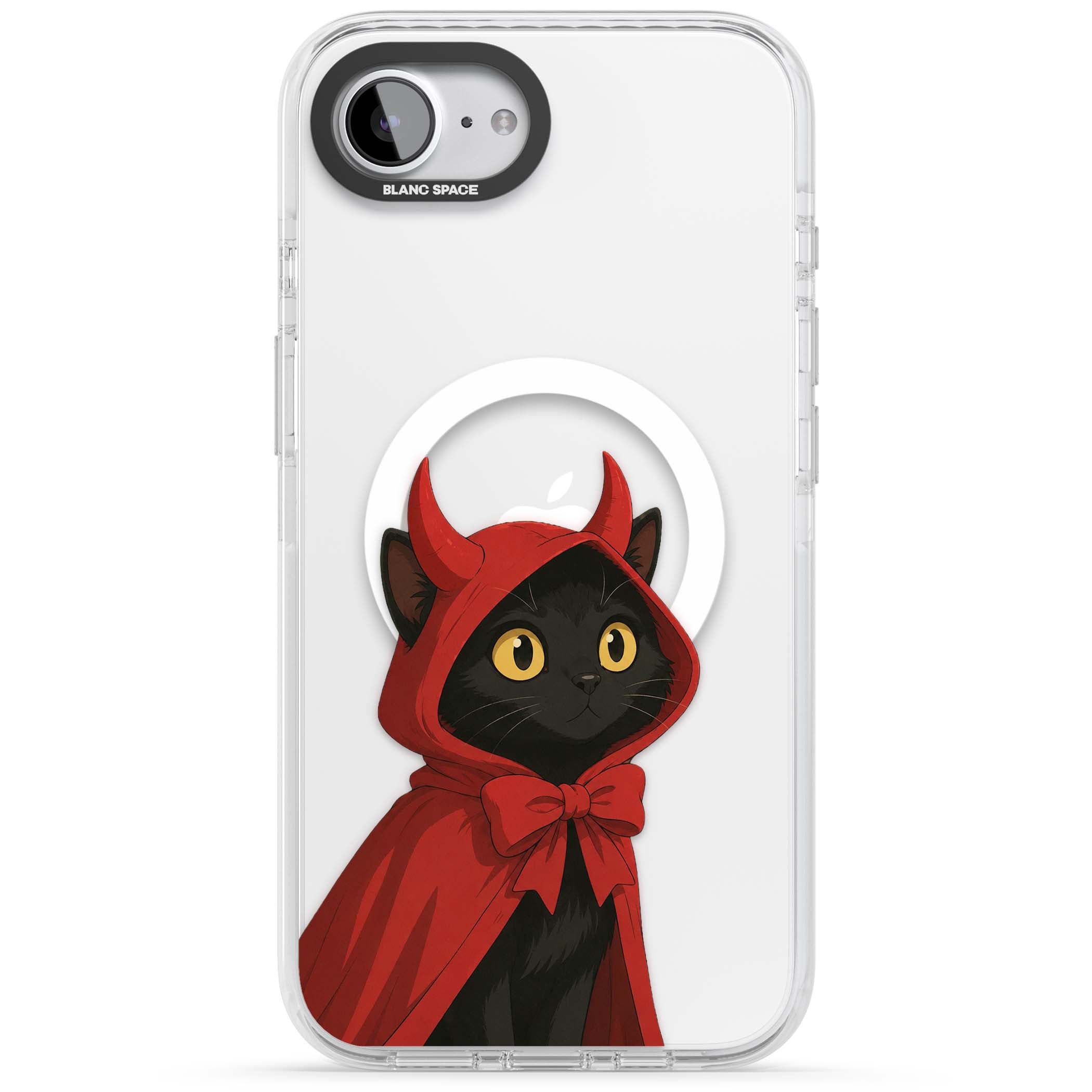 Little Devil halloween iPhone case featuring a black cat in a red hooded devil cloak with horns and golden eyes | Impact Magsafe case for iPhone 16e, iPhone 17e