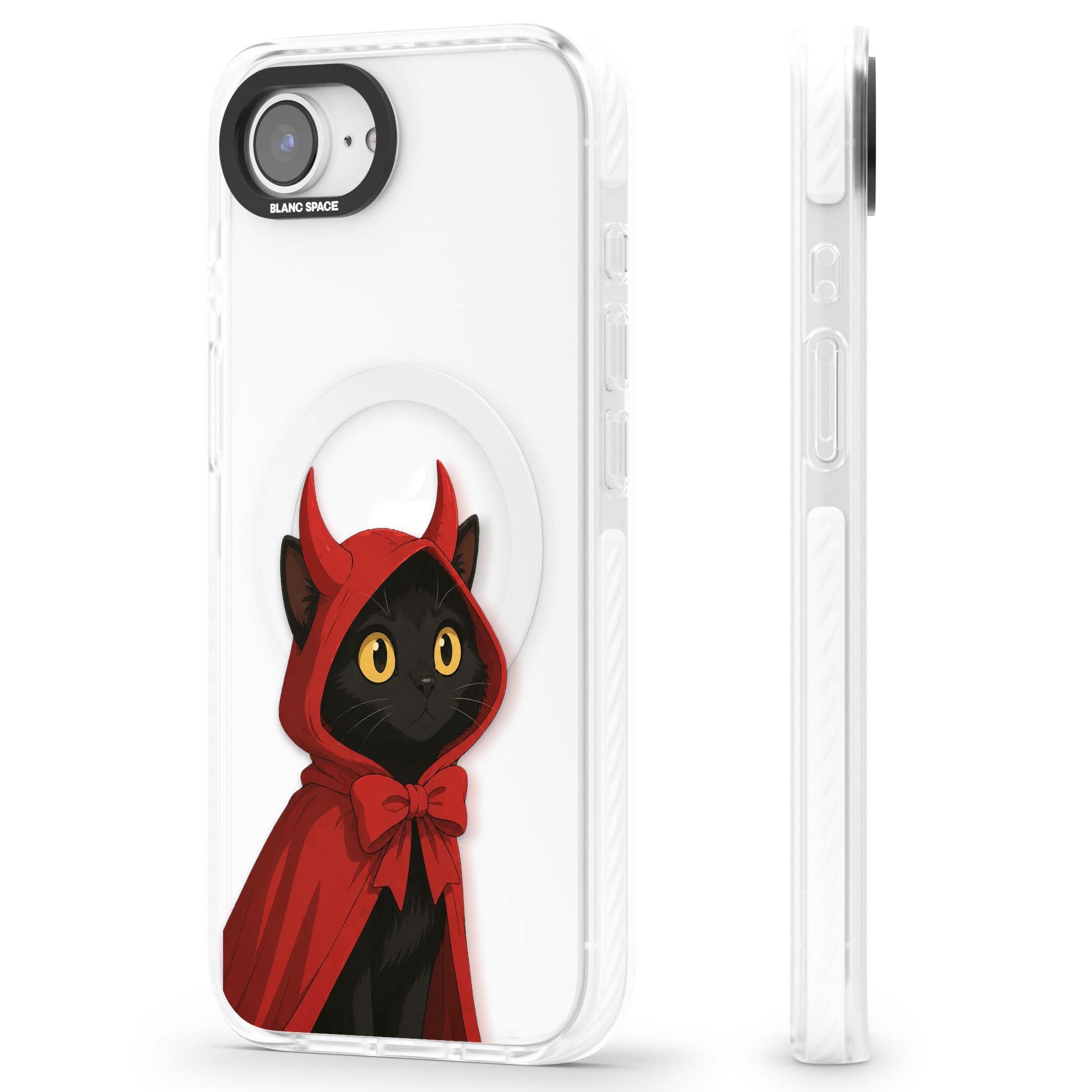 Little Devil halloween iPhone case featuring a black cat in a red hooded devil cloak with horns and golden eyes | Impact Magsafe case for iPhone 16e, iPhone 17e