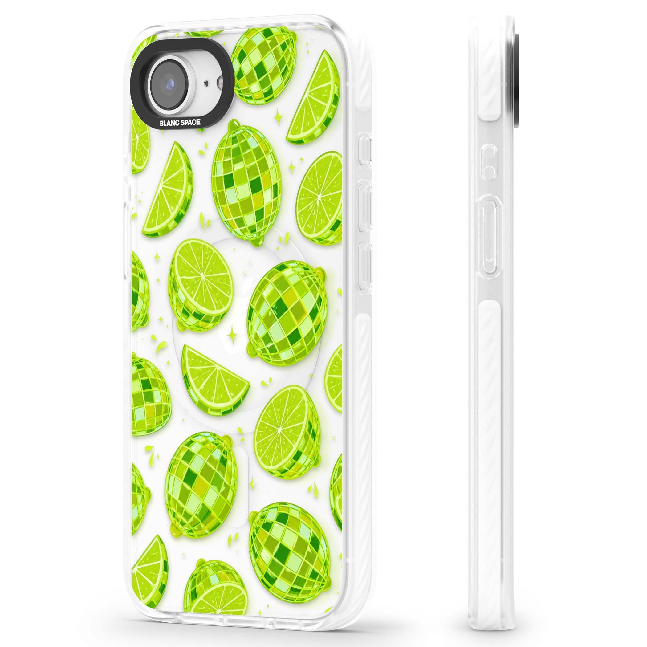 Disco Limes fruit aesthetic iPhone case featuring green disco balls, lime slices and citrus sparkles | Impact Magsafe case for iPhone 16e, iPhone 17e