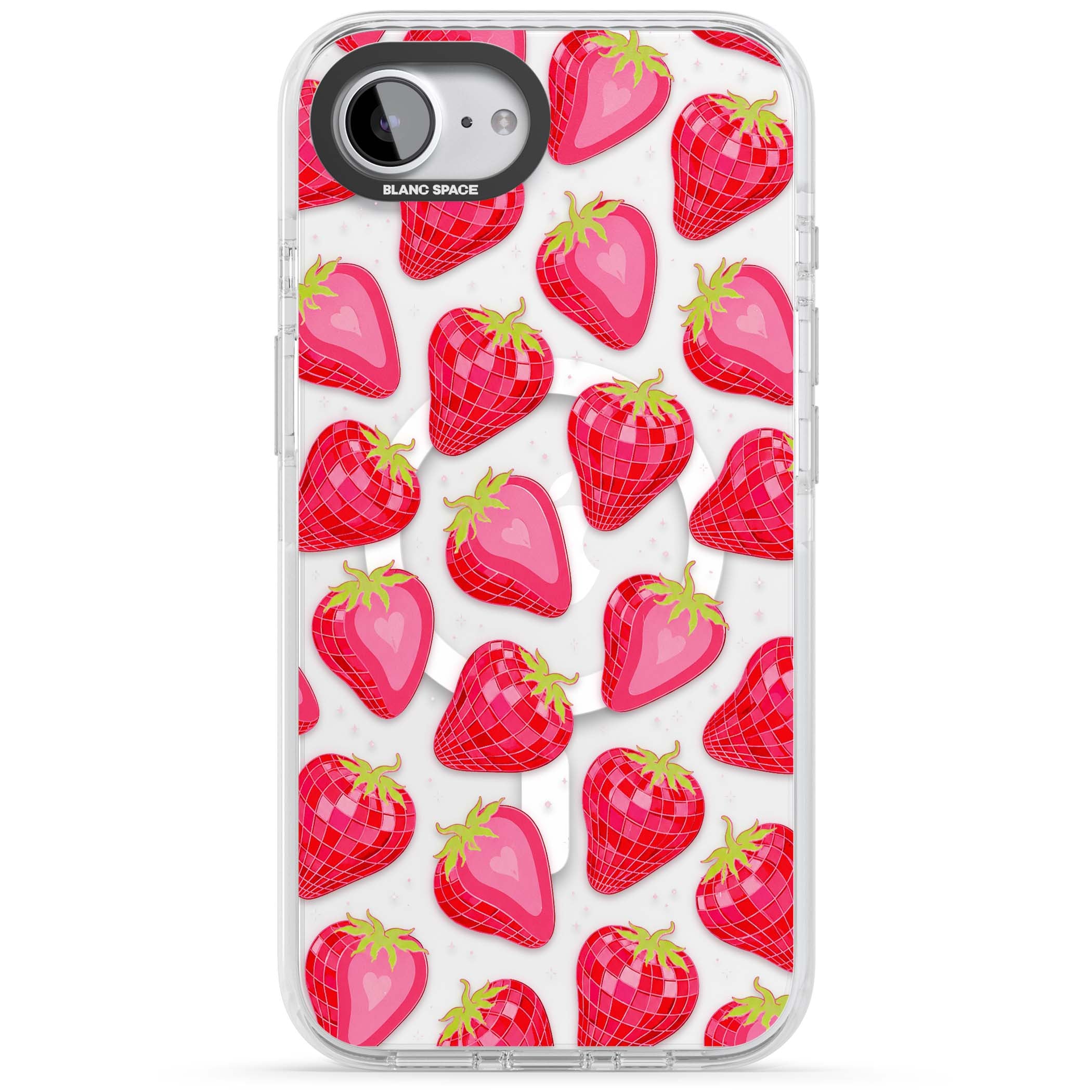 Disco Strawberry Y2K iPhone case featuring pink disco-ball strawberries, green leaves and tiny sparkles | Impact Magsafe case for iPhone 16e, iPhone 17e