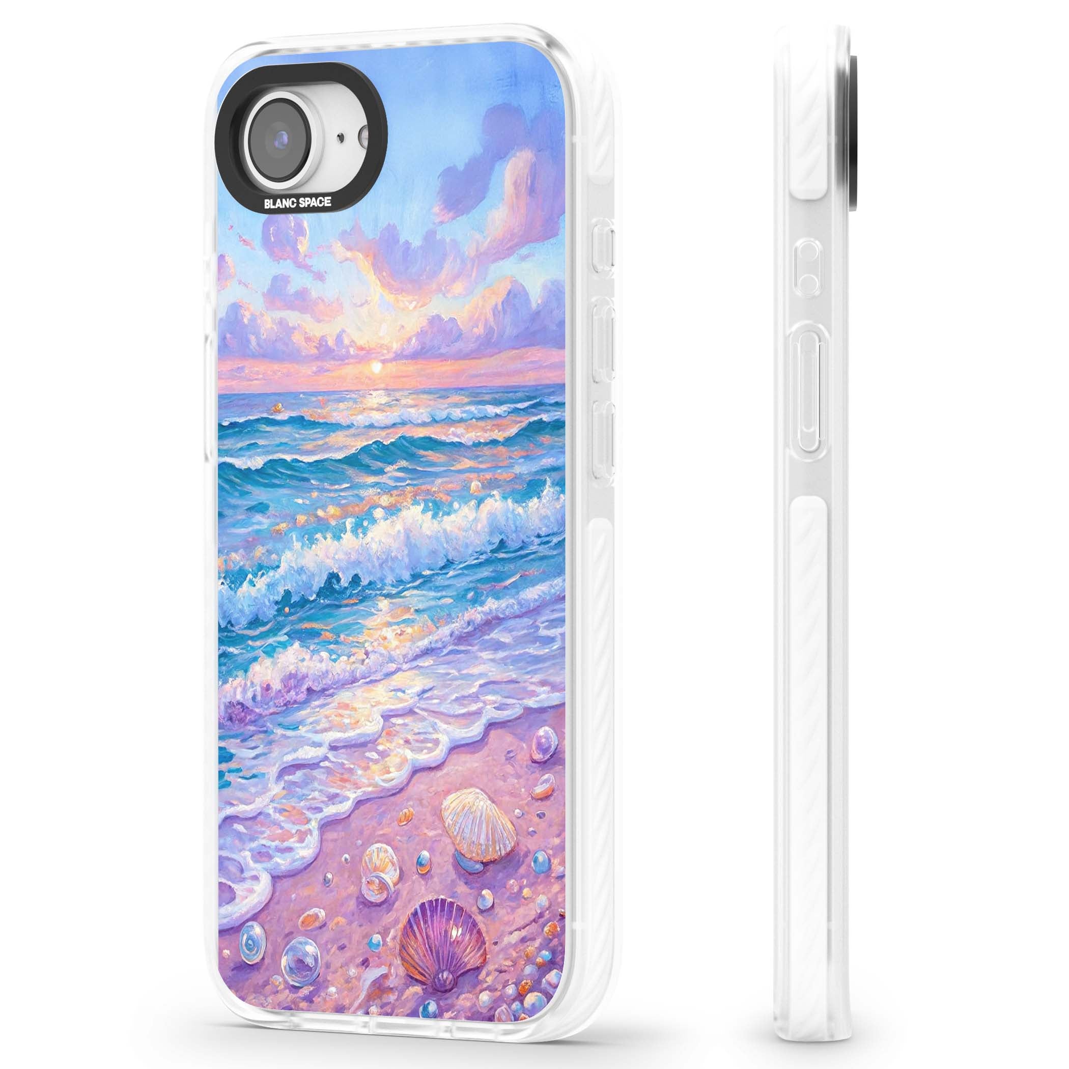 Pearl Shore coastal iPhone case featuring pastel painted waves, seashells, and a sunrise sky over a lavender beach. | Impact Magsafe case for iPhone 16e, iPhone 17e