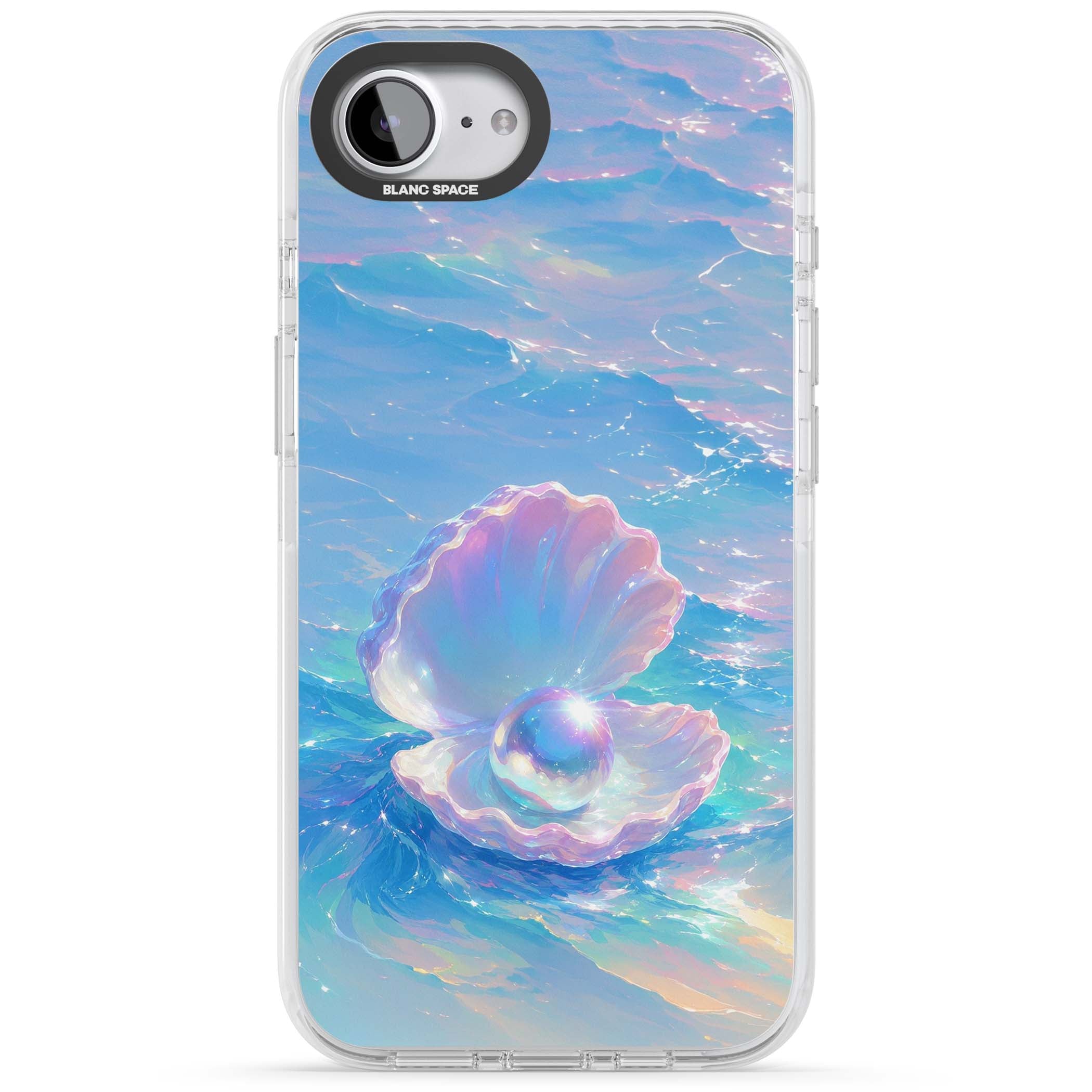 The Pearl Clam mermaidcore iPhone case featuring iridescent seashell, glowing pearl and pastel ocean waves | Impact Magsafe case for iPhone 16e, iPhone 17e