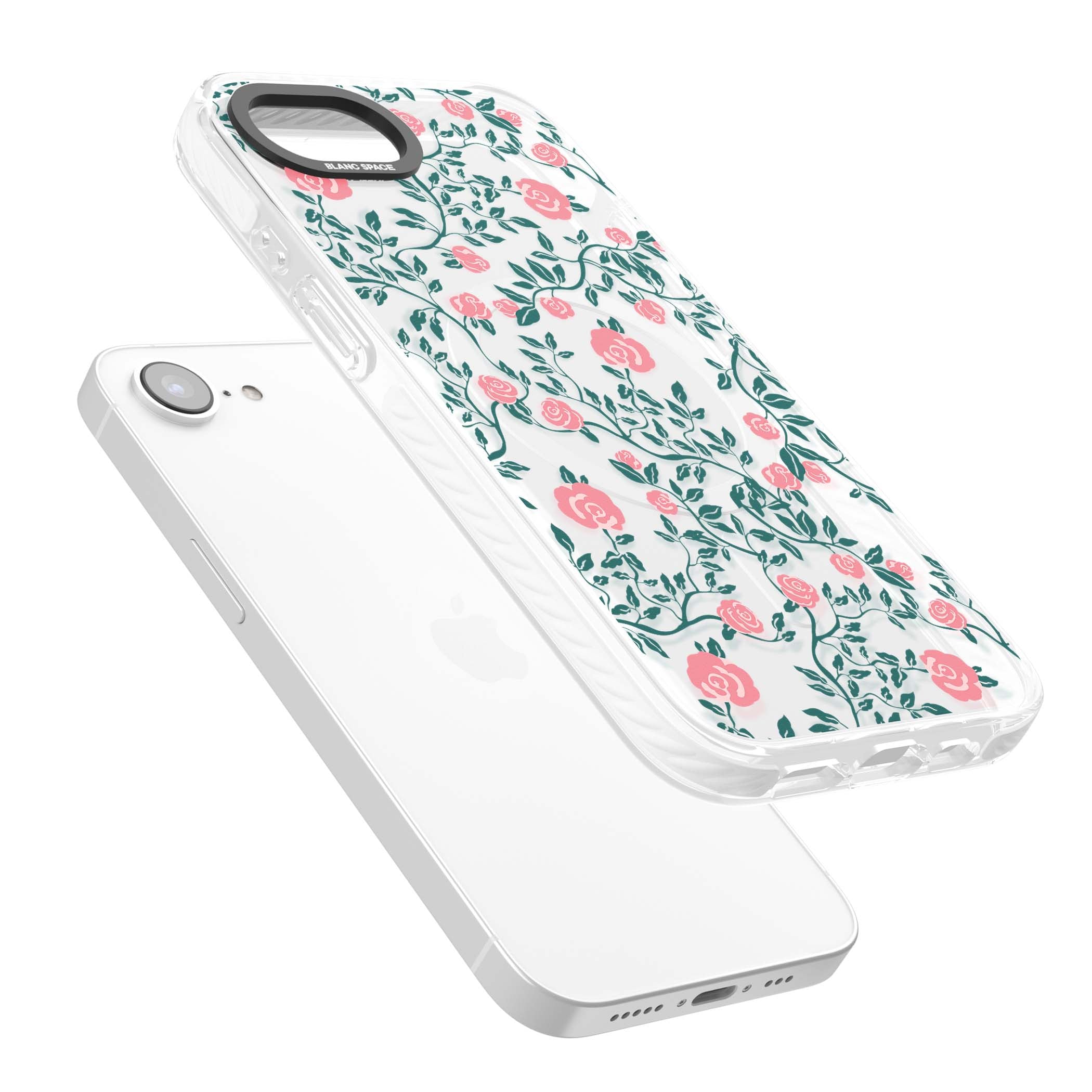 Rose Trellis (Clear) cottagecore iPhone case featuring pink climbing roses and green leaves on clear background | Impact Magsafe case for iPhone 16e, iPhone 17e