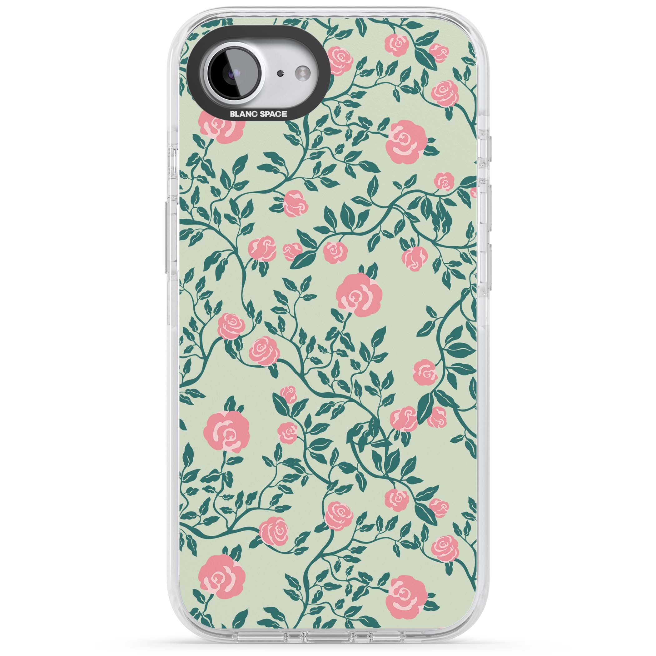 Rose Trellis cottagecore iPhone case featuring pink roses, sage green vines, and mint background | Impact Magsafe case for iPhone 16e, iPhone 17e