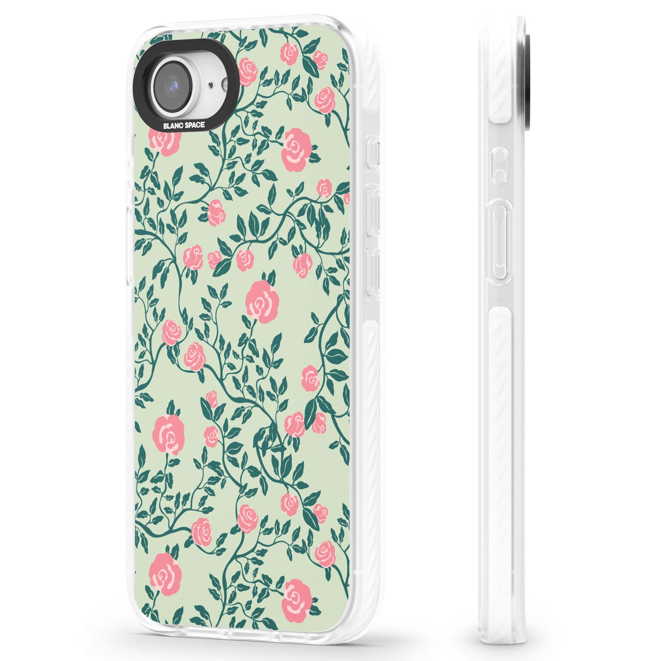 Rose Trellis cottagecore iPhone case featuring pink roses, sage green vines, and mint background | Impact Magsafe case for iPhone 16e, iPhone 17e