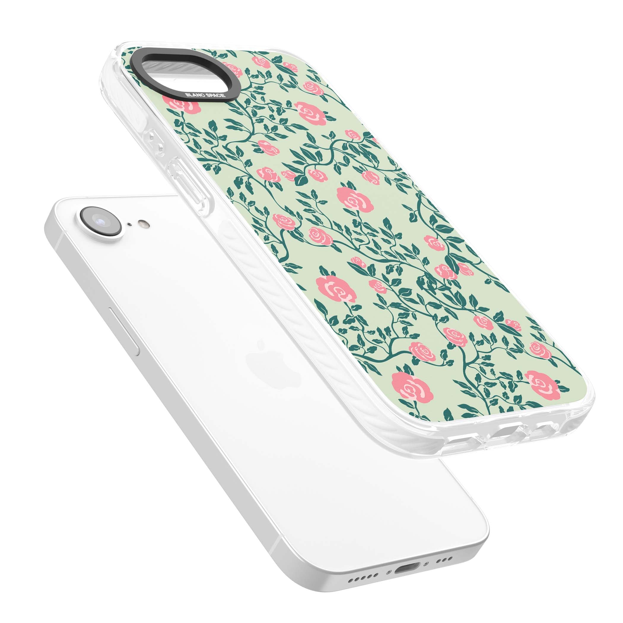 Rose Trellis cottagecore iPhone case featuring pink roses, sage green vines, and mint background | Impact Magsafe case for iPhone 16e, iPhone 17e