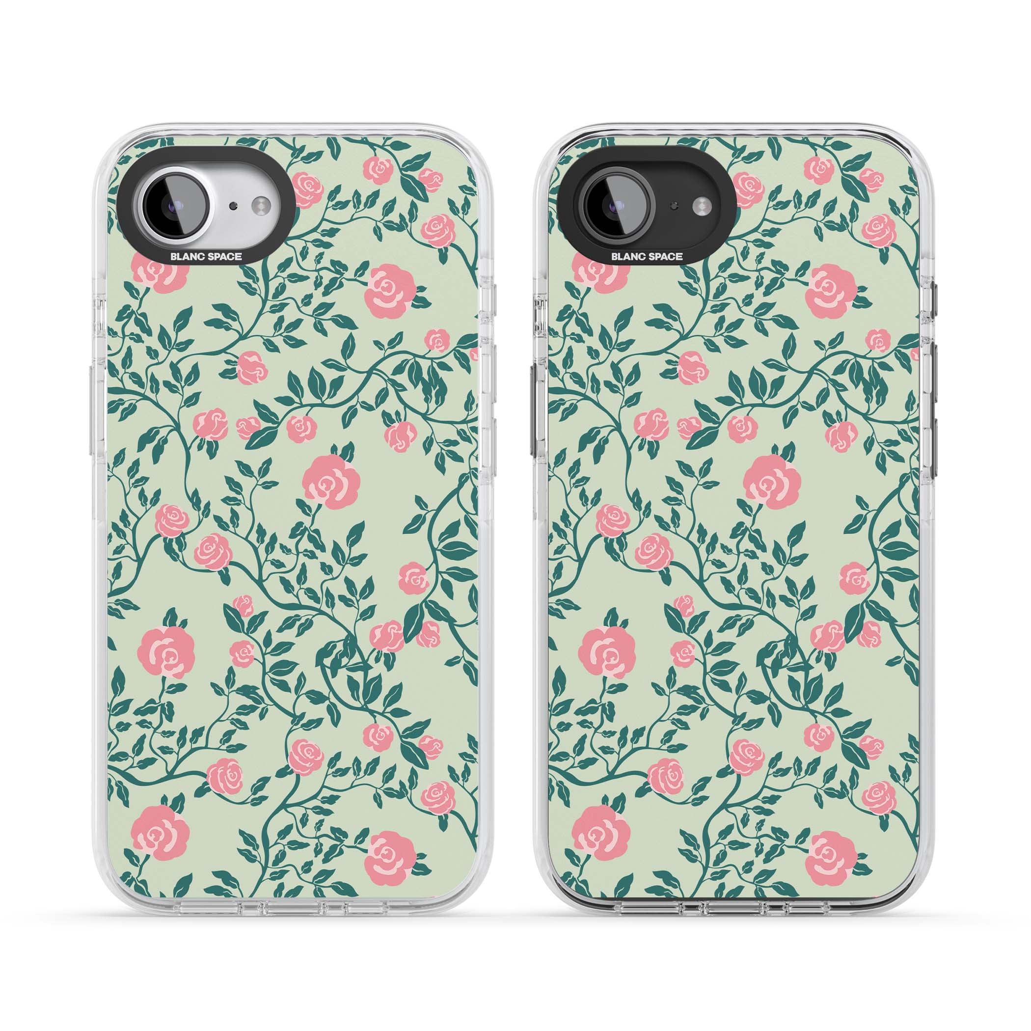 Rose Trellis cottagecore iPhone case featuring pink roses, sage green vines, and mint background | Impact Magsafe case for iPhone 16e, iPhone 17e