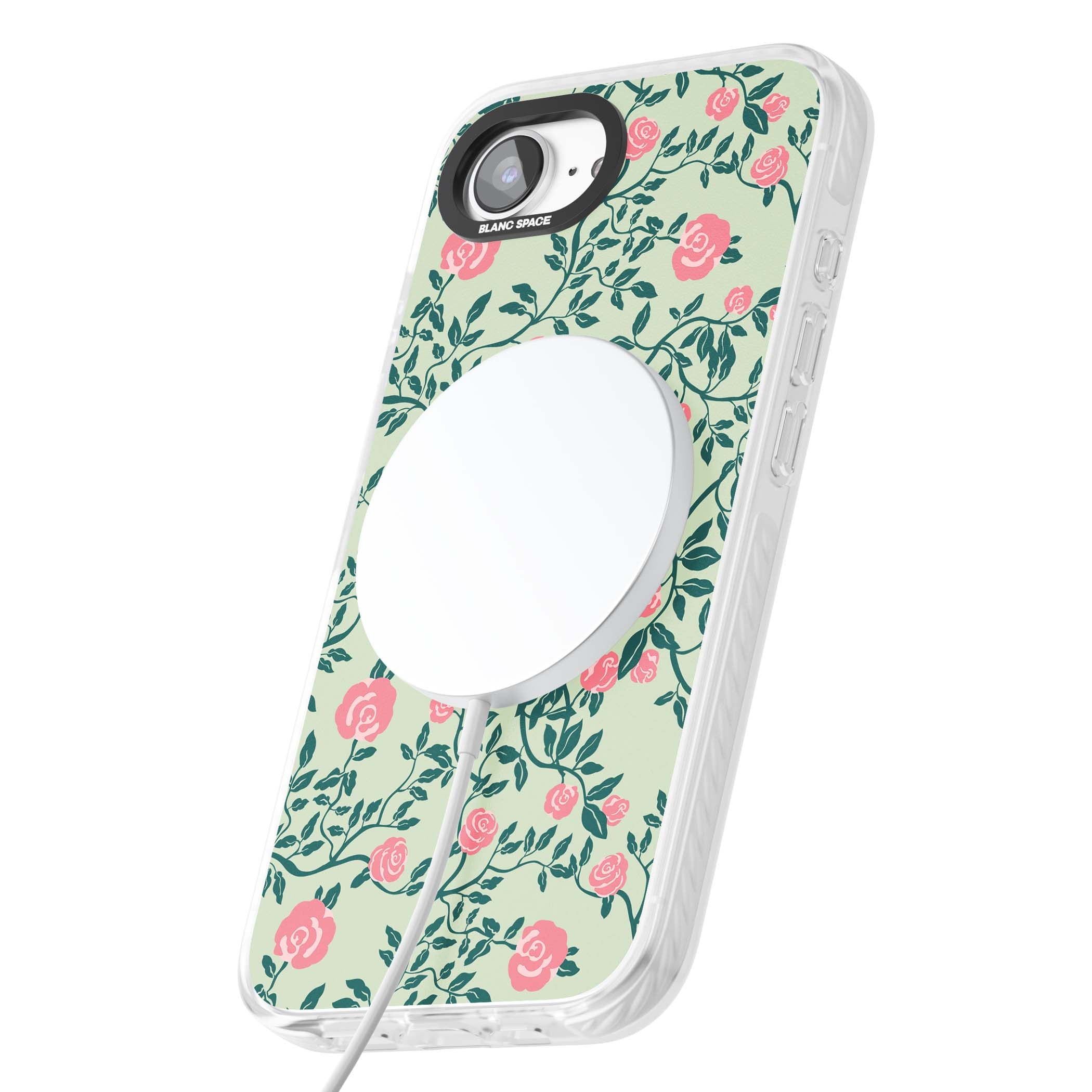 Rose Trellis cottagecore iPhone case featuring pink roses, sage green vines, and mint background | Impact Magsafe case for iPhone 16e, iPhone 17e