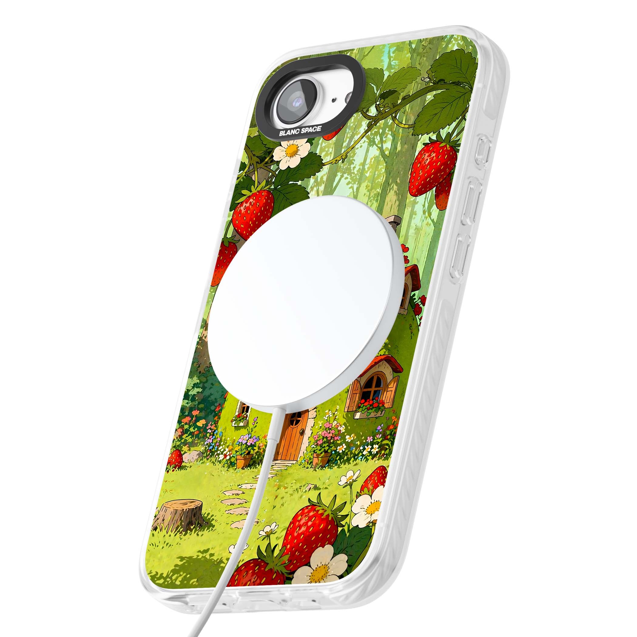 Strawberry Cottage cottagecore iPhone case featuring a green fairy house, wild strawberries and enchanted forest flowers | Impact Magsafe case for iPhone 16e, iPhone 17e